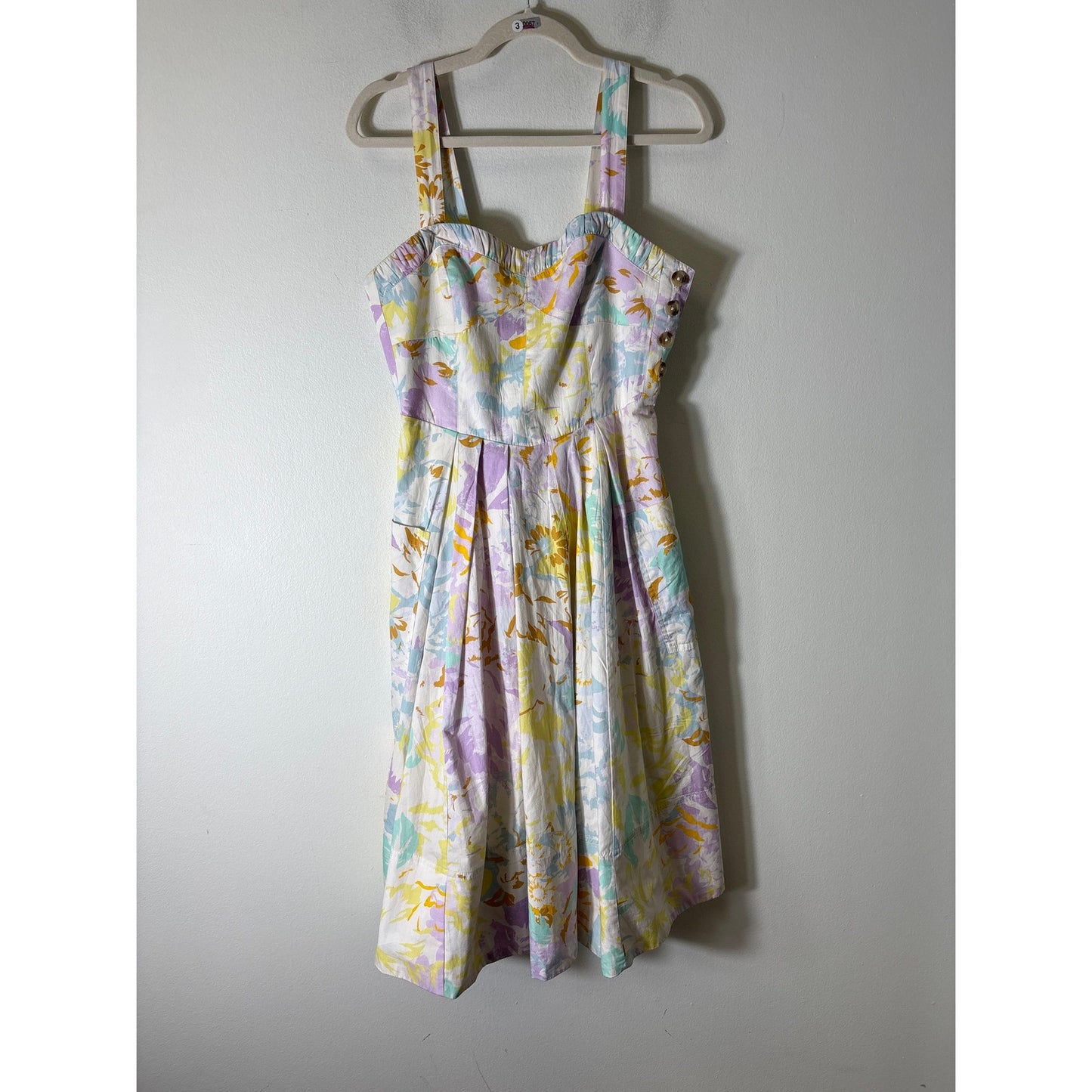 Maeve Pastel Watercolor Strapless Cotton Midi Dress Sz S