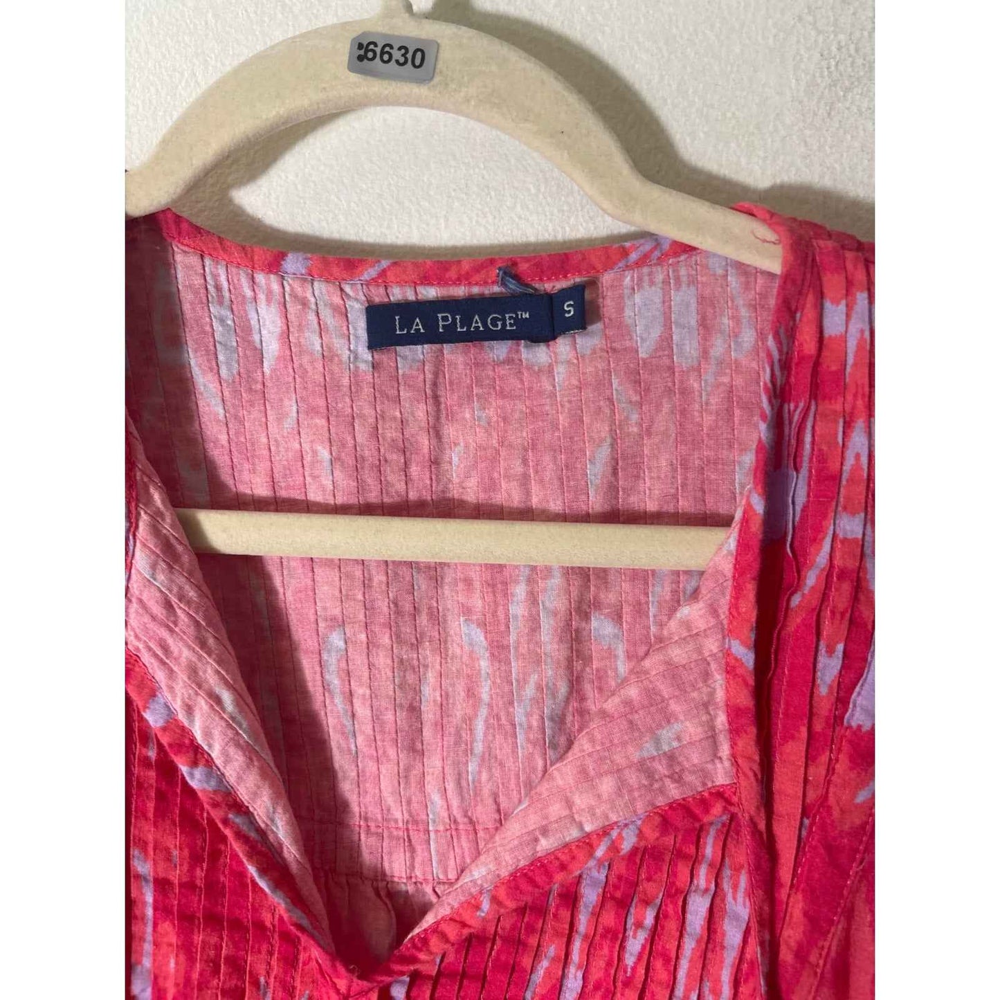 La Plage Red Gray Short Smocked Sleeve Cotton V-Neck Dress Sz S