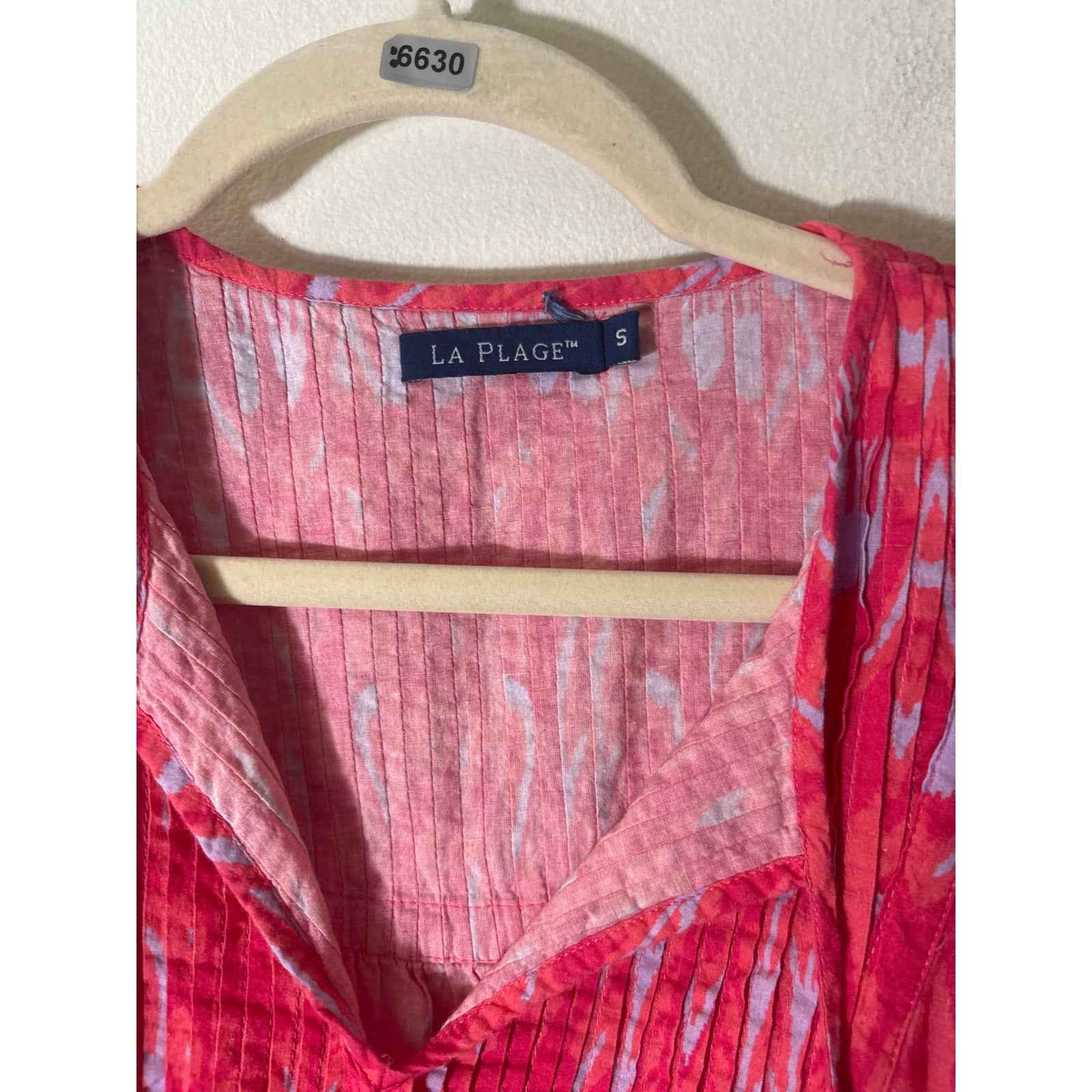 La Plage Red Gray Short Smocked Sleeve Cotton V-Neck Dress Sz S