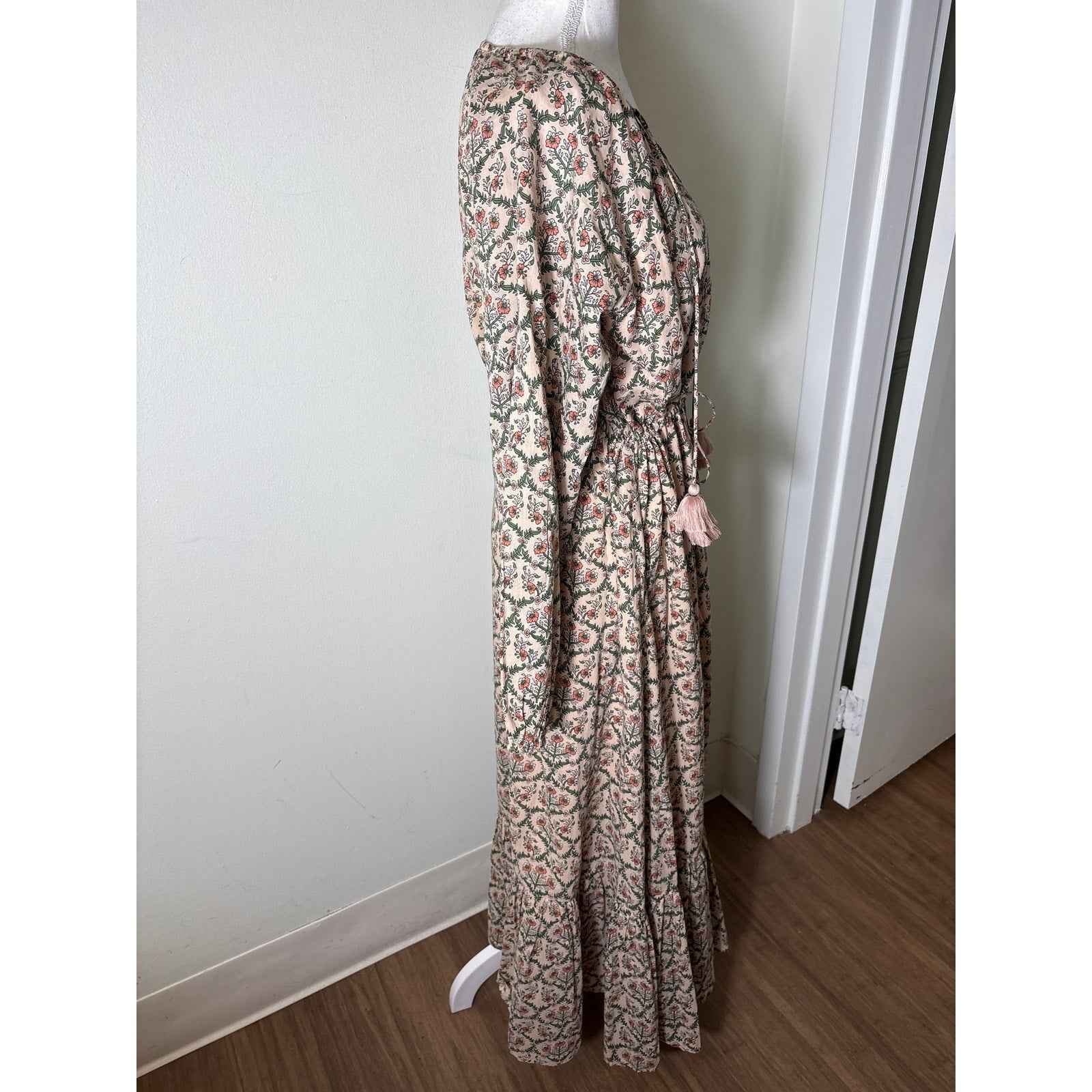 Roller Rabbit Tannish Pink Floral Long Sleeve Cotton Maxi Dress Sz S