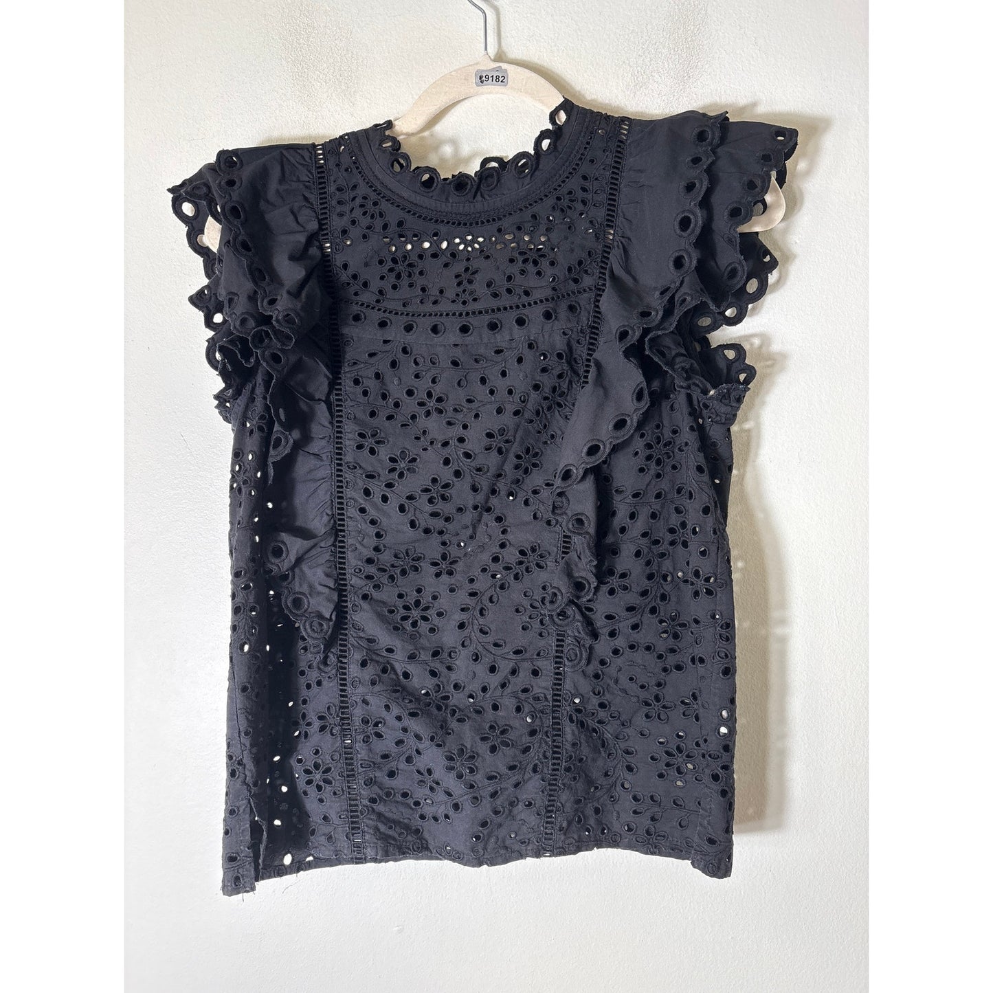veronica Beard Black Eyelet Lace Flutter Sleeve Cotton Top Sz 2