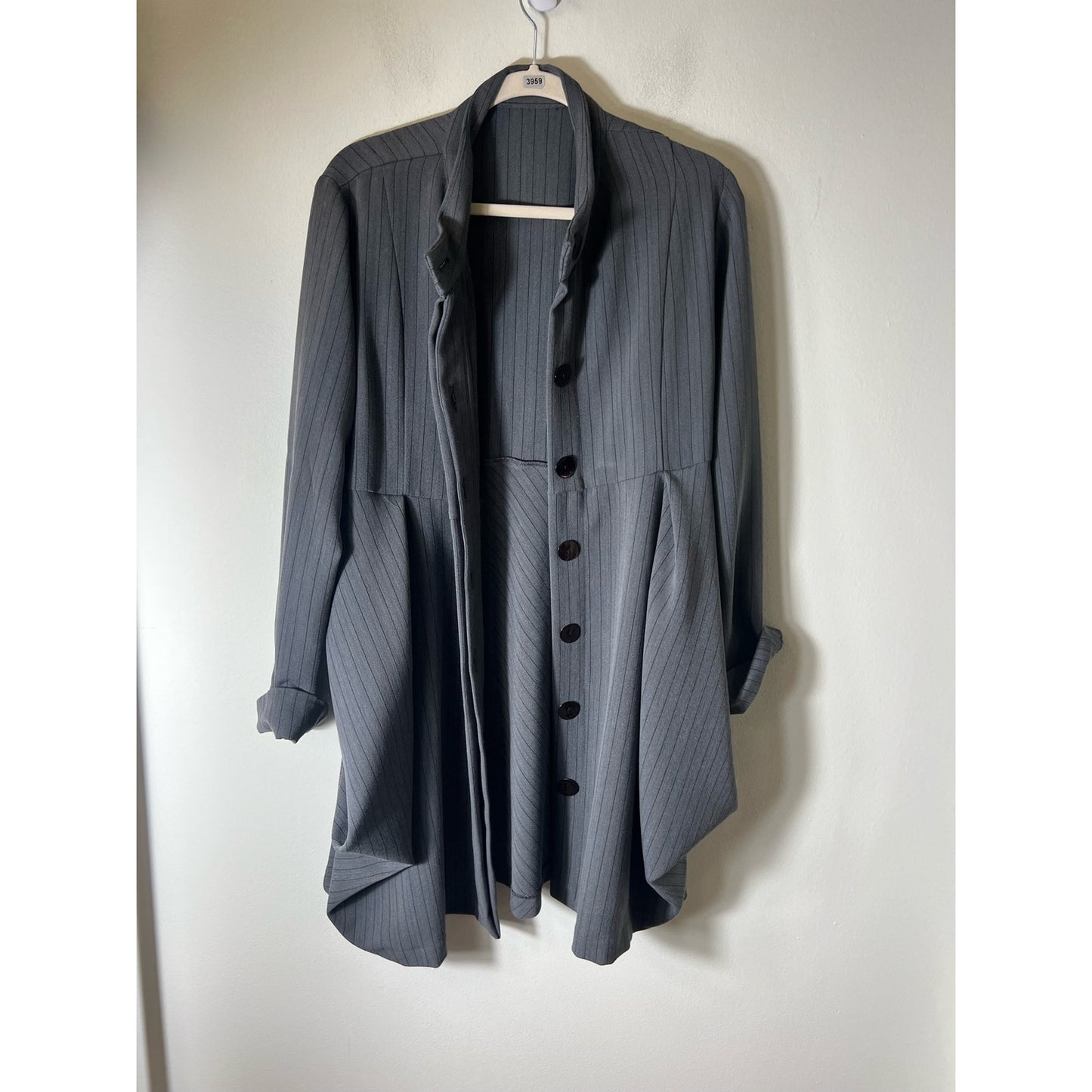 Grey and Black knee length button up duster with matching waist tie