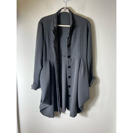 Grey and Black knee length button up duster with matching waist tie