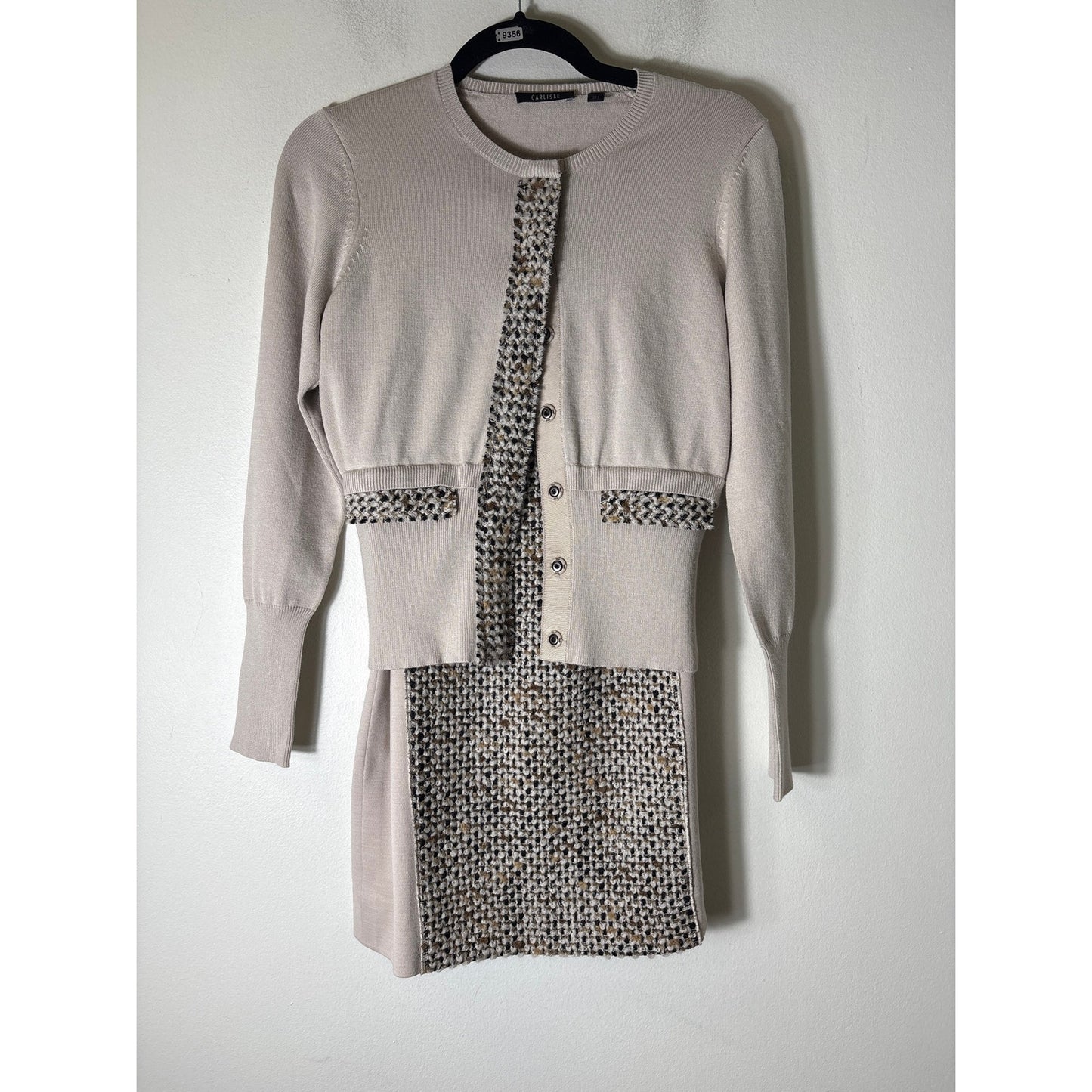 Carlisle Light Tan Cardigan Sweater & Skirt Set With Wool Trim Sz S/4