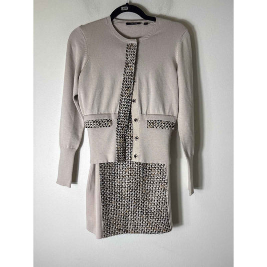 Carlisle Light Tan Cardigan Sweater & Skirt Set With Wool Trim Sz S/4