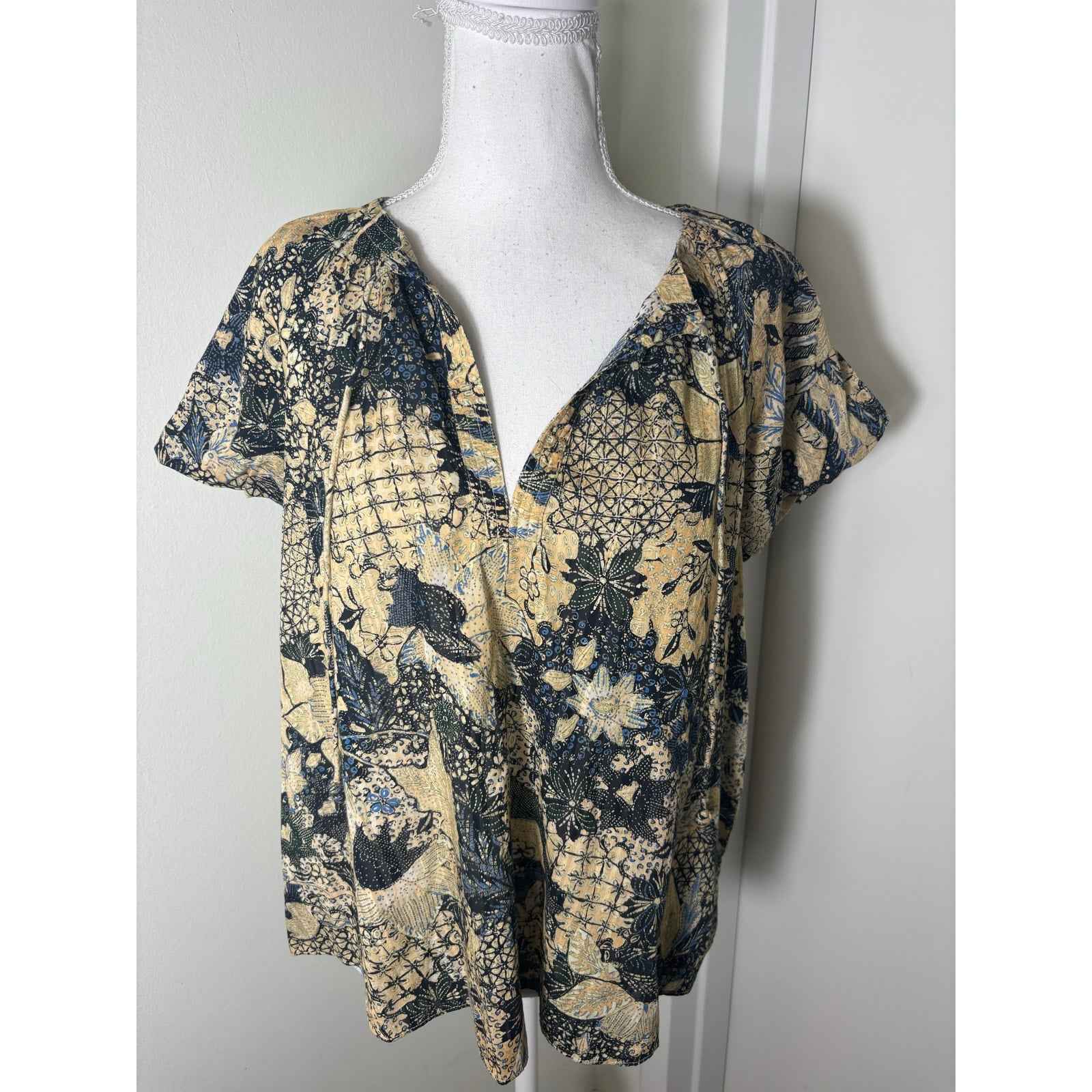 Ulla Johnson Pale Yellow Cap Sleeve Cotton Blend V-Neck Shirt Sz 4