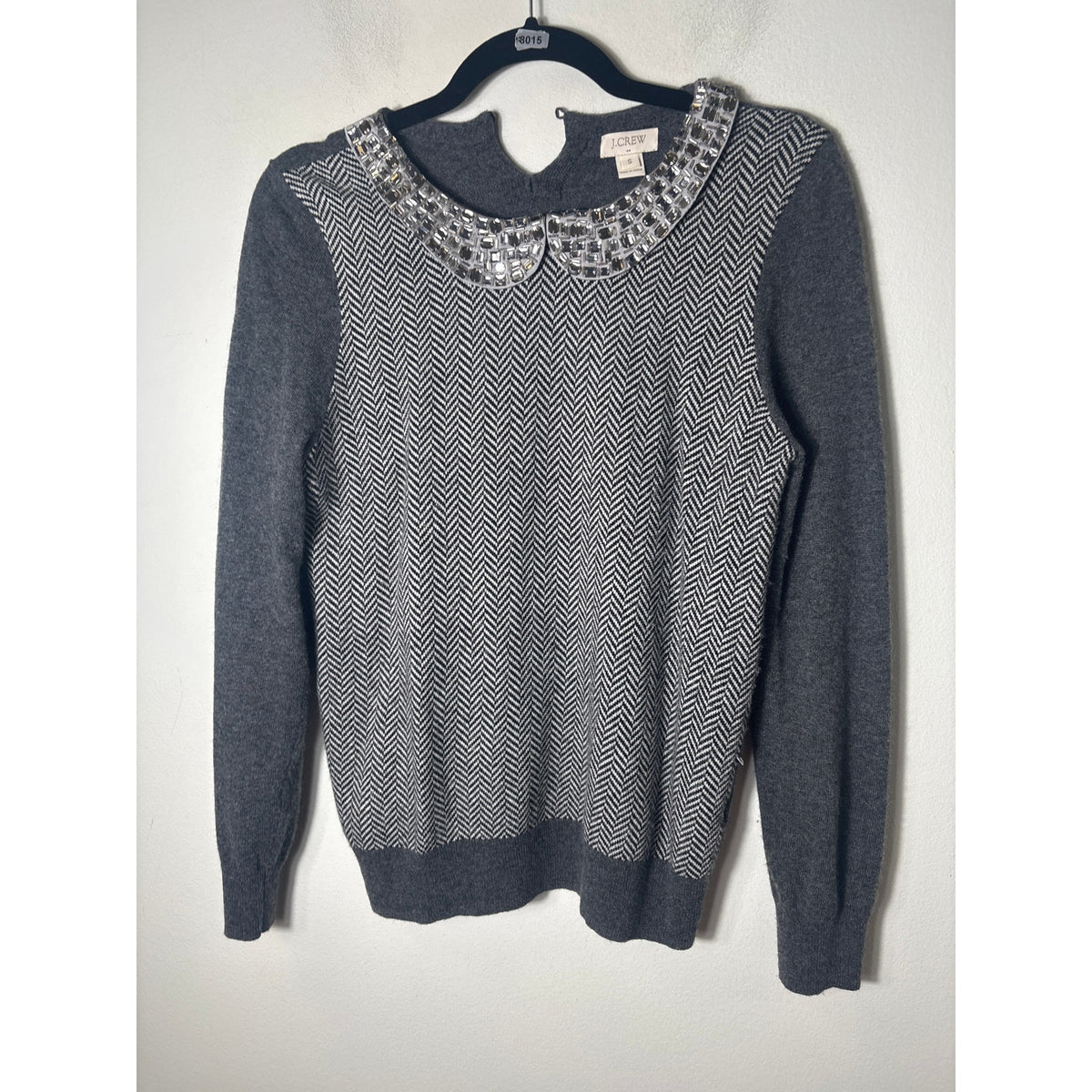 J.Crew Gray With Black and White Houndstooth Jeweled Collar Sweater Sz S