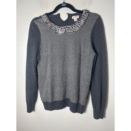 J.Crew Gray With Black and White Houndstooth Jeweled Collar Sweater Sz S