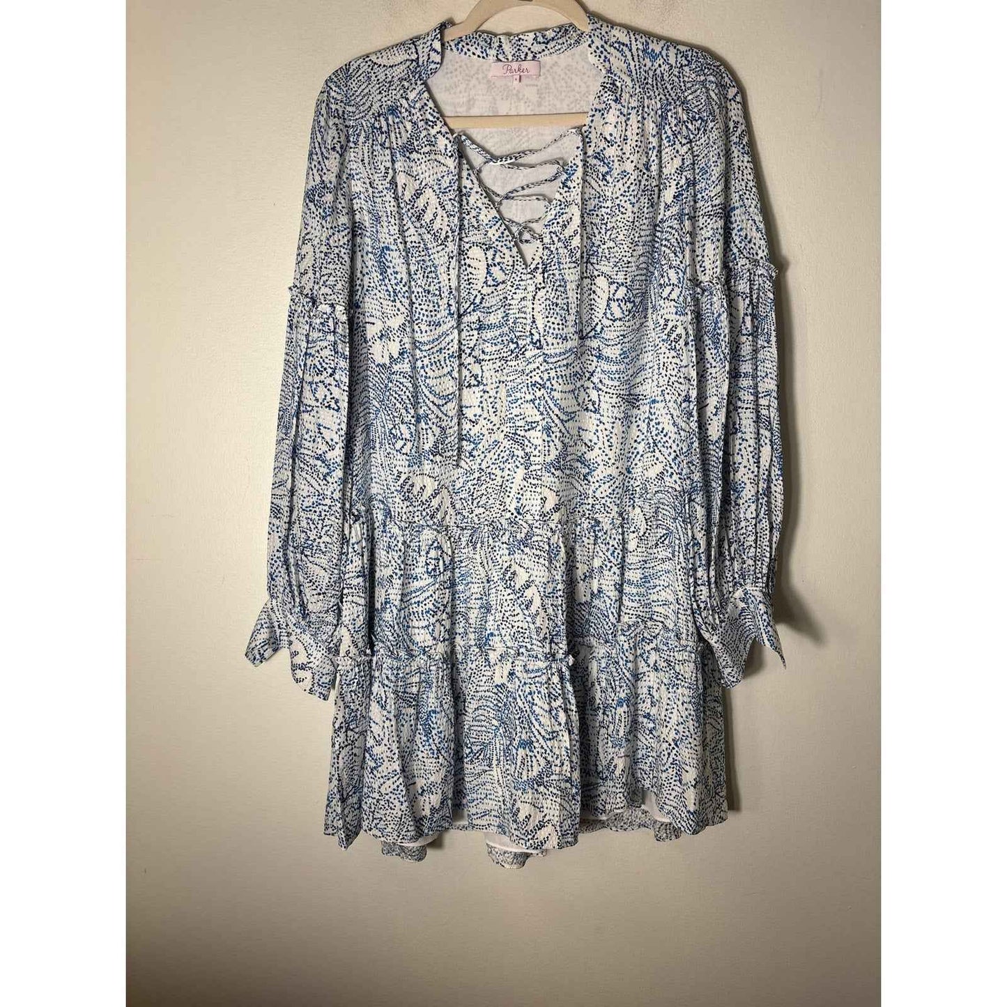 Parker Blue and White Long Sleeve Silk Tiered Mini Dress Sz S