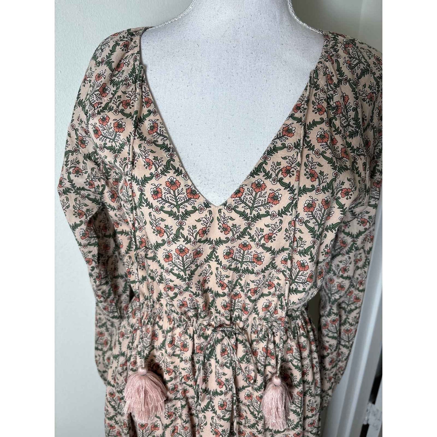 Roller Rabbit Tannish Pink Floral Long Sleeve Cotton Maxi Dress Sz S