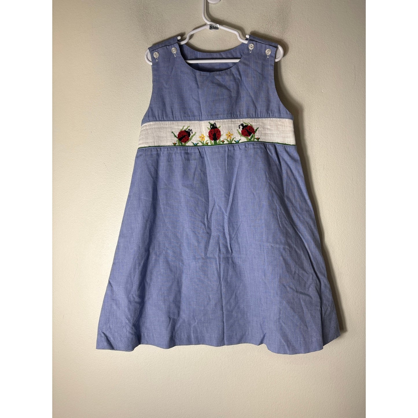 Girls Vingtage Be Mine Blue&White sleeveless smocked ladybug dress Sz 5