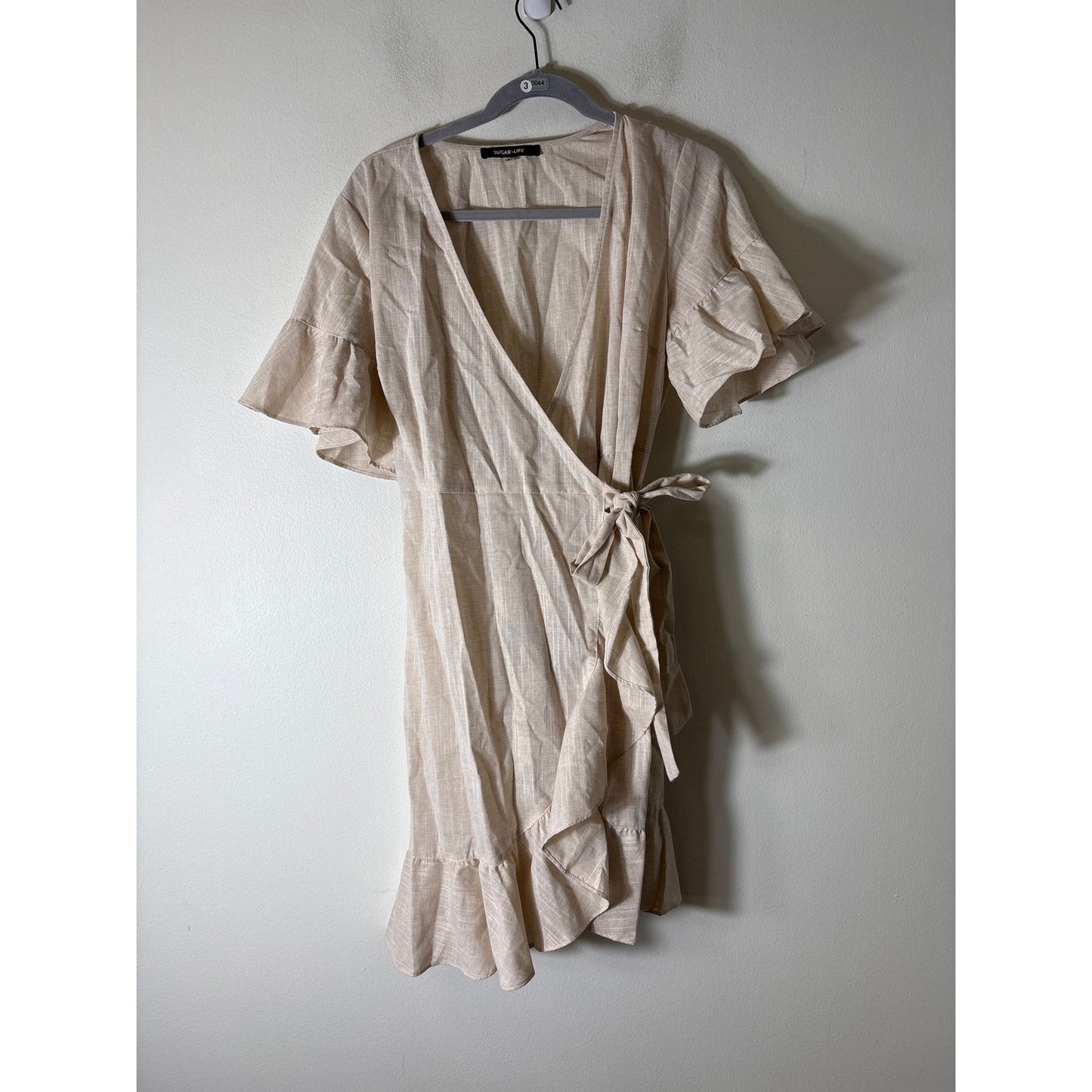 Sugar Lips Beige Short Sleeve Knee Length Linen Wrap Dress Sz L