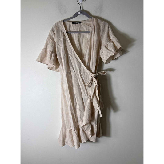 Sugar Lips Beige Short Sleeve Knee Length Linen Wrap Dress Sz L