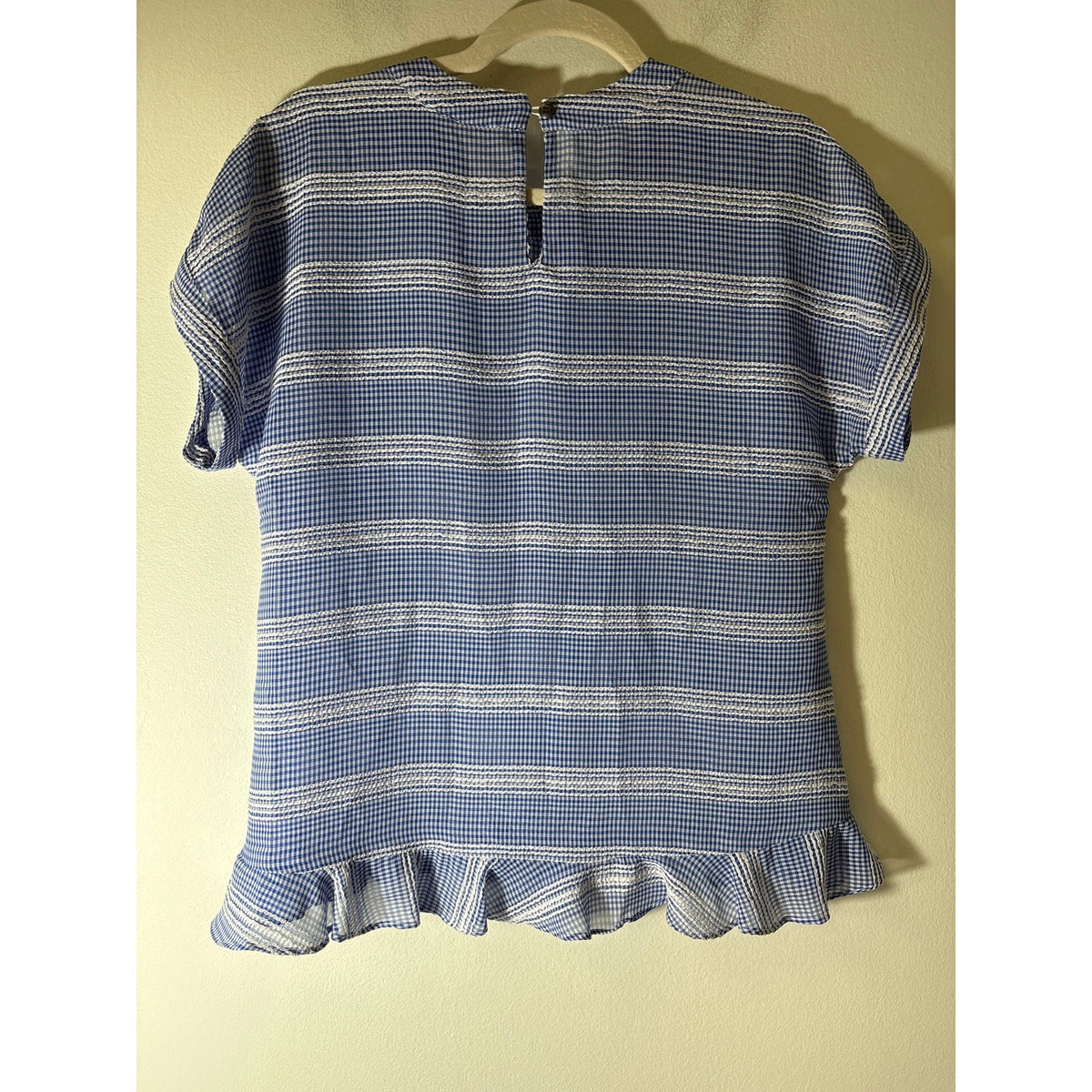Waverly Gray Blue Gingham Sheer Cap Sleeve Shirt Sz S