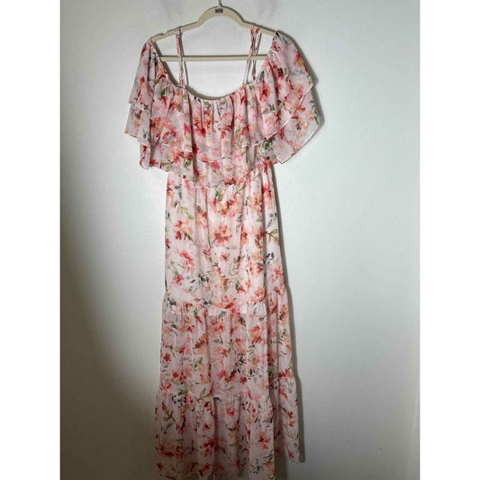 BB Dakota Peachy Pink Floral Off the Shoulder Ruffle MAxi Dress Sz XS