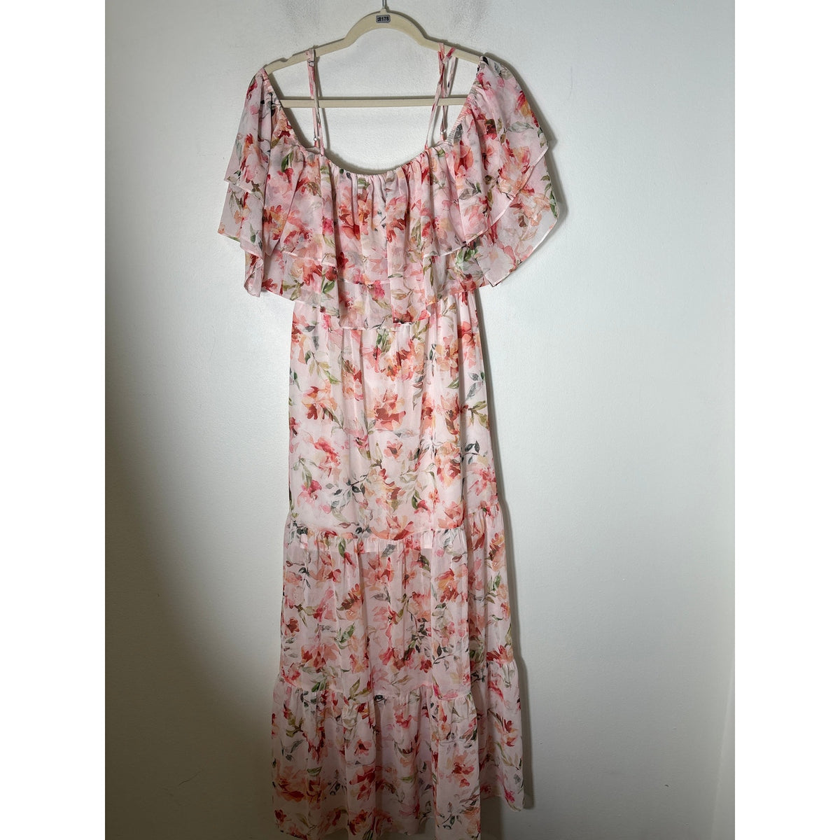 BB Dakota Peachy Pink Floral Off the Shoulder Ruffle MAxi Dress Sz XS