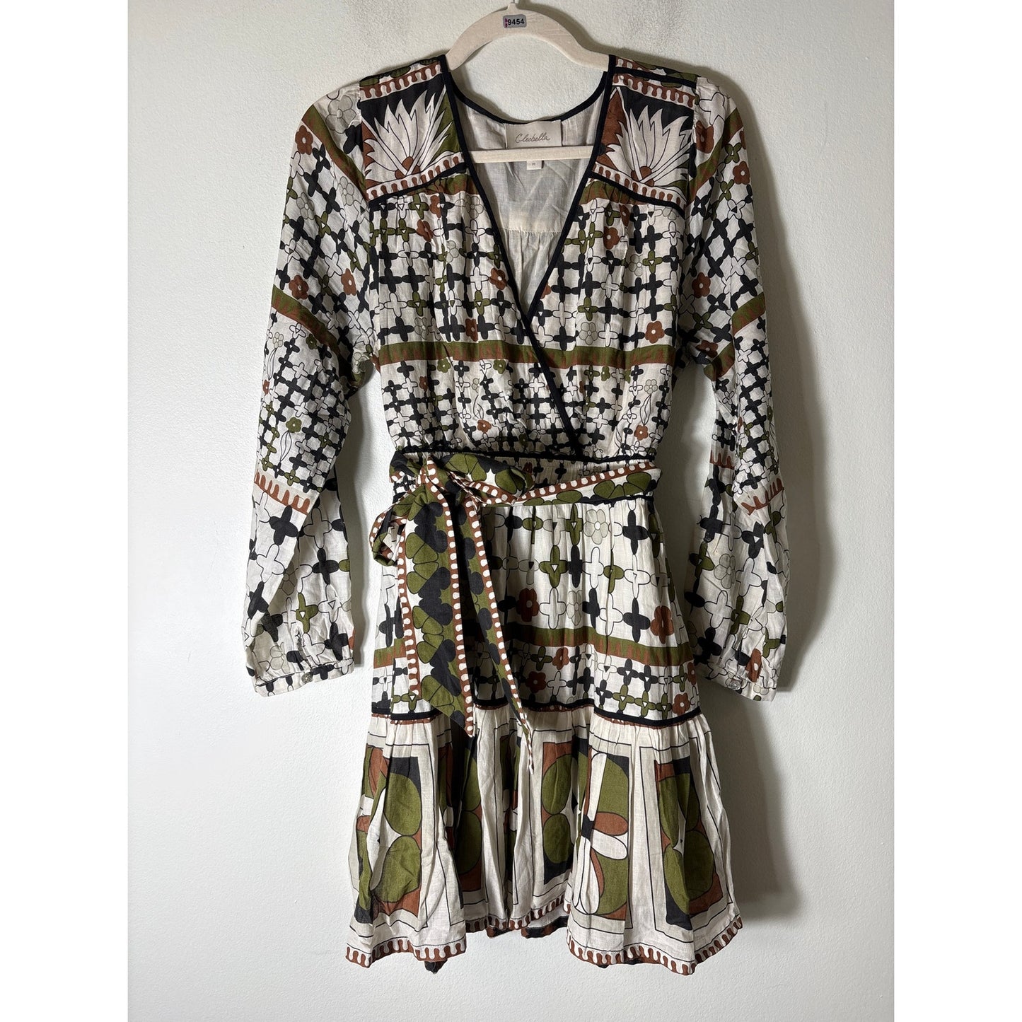 Cleobella Brown Green Long Sleeve V-Neck A-Line Mini Dress Sz M