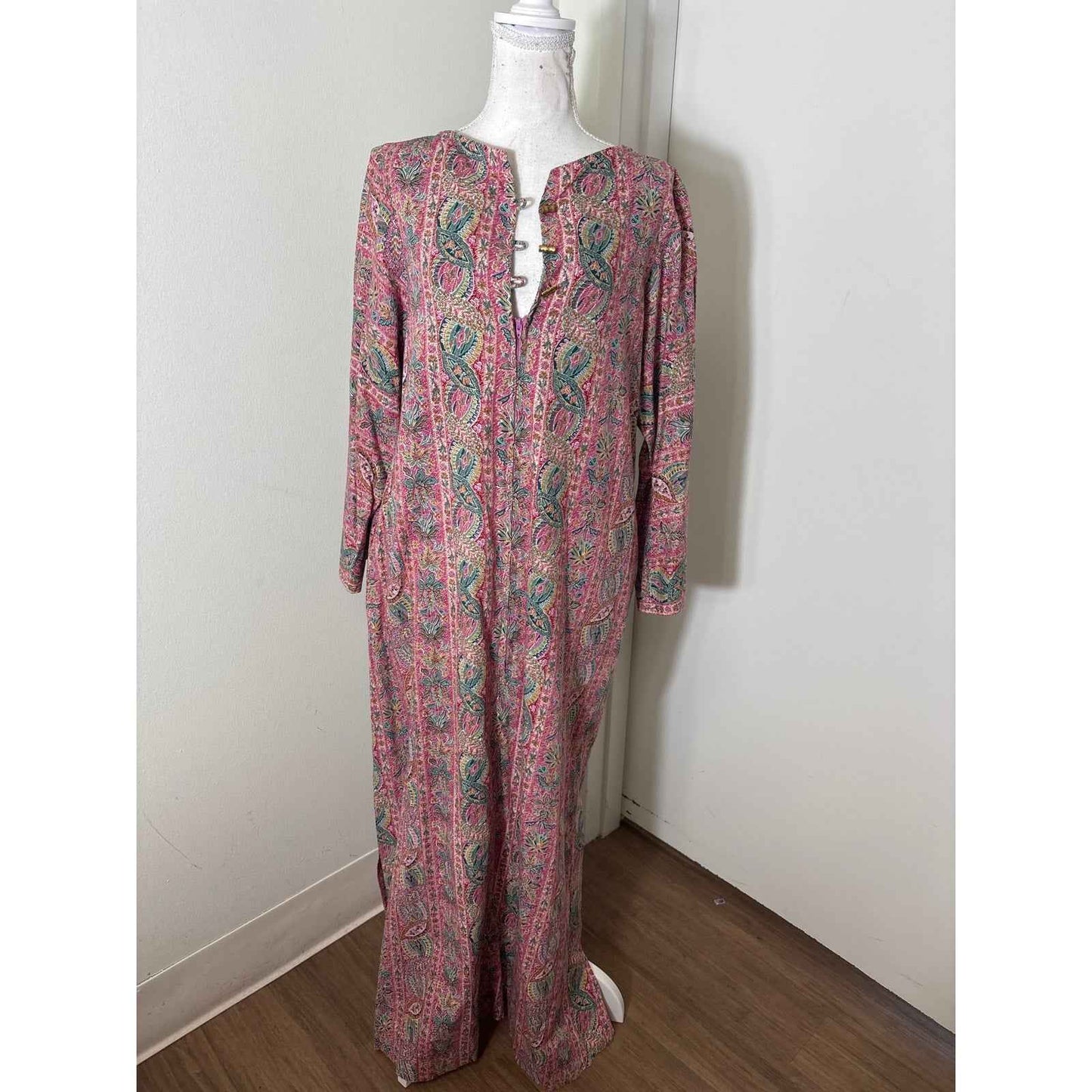 Saks Fifth Avenue Pink an Green Palm Tree Zip Up Caftan Sz M