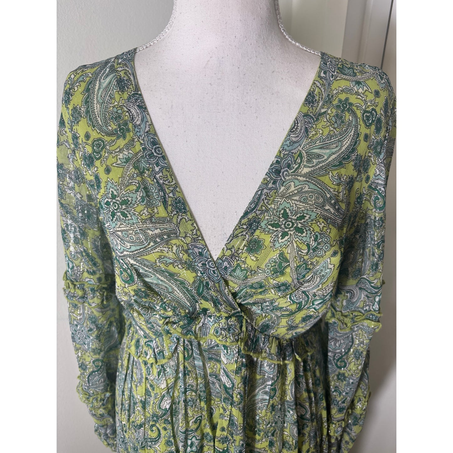 Ranna Gill Green Paisley With Silver Thread Maxi Dress Sz S