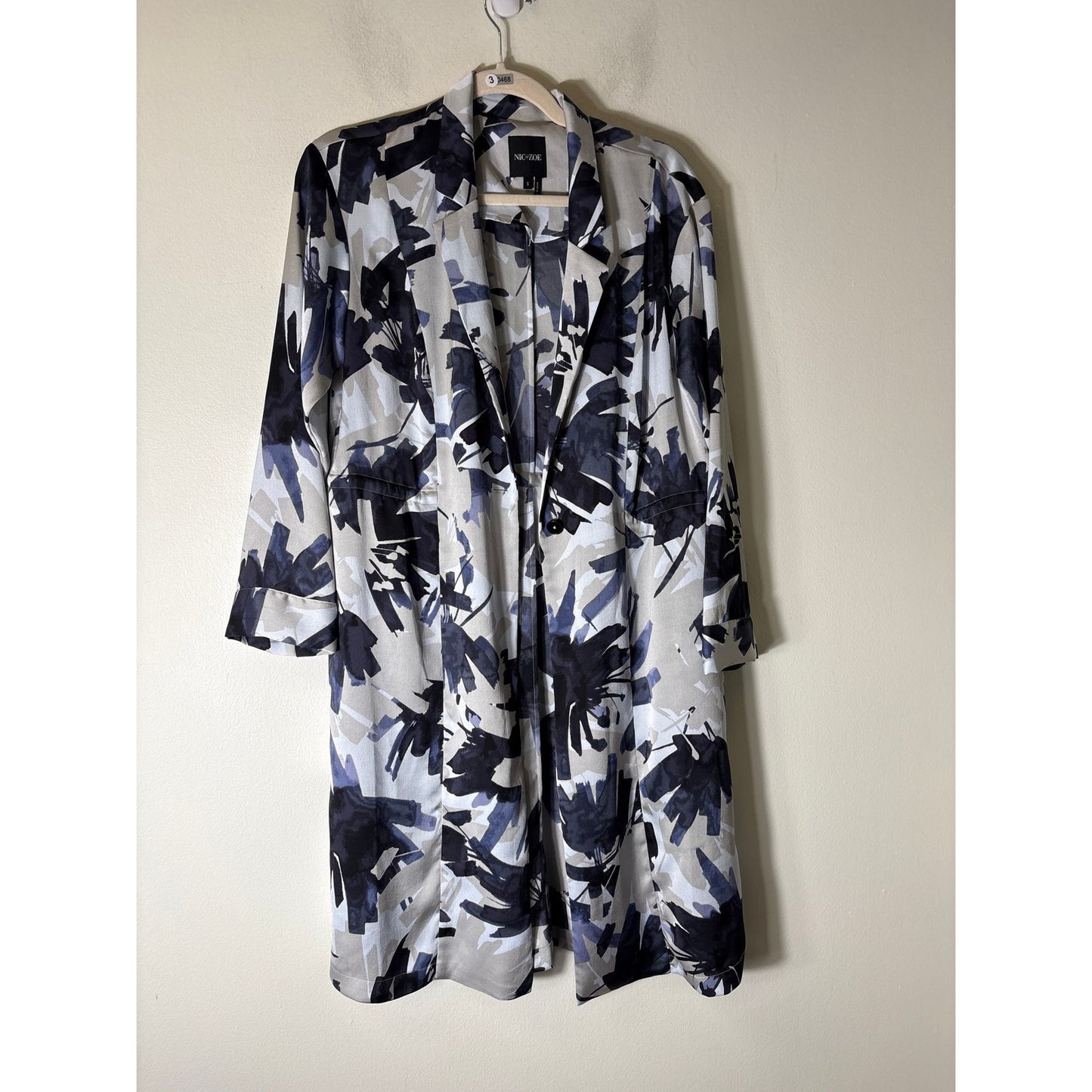 Nic + Zoe Blue Black Inky Flowers Satin Crepe Long Jacket Sz L