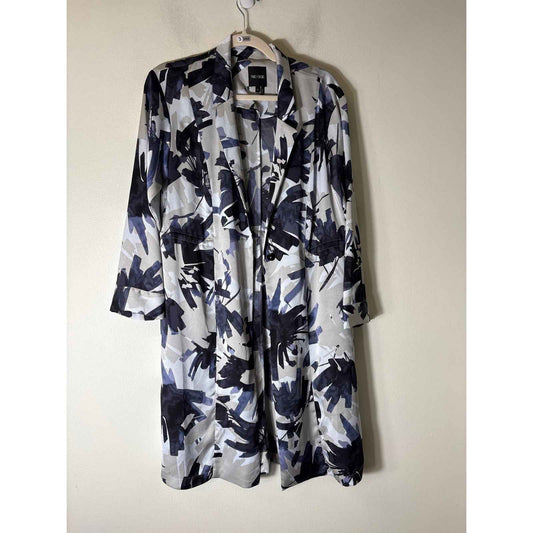 Nic + Zoe Blue Black Inky Flowers Satin Crepe Long Jacket Sz L