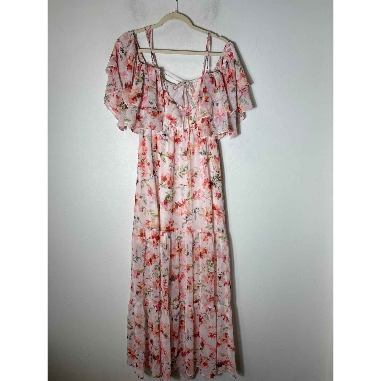 BB Dakota Peachy Pink Floral Off the Shoulder Ruffle MAxi Dress Sz XS