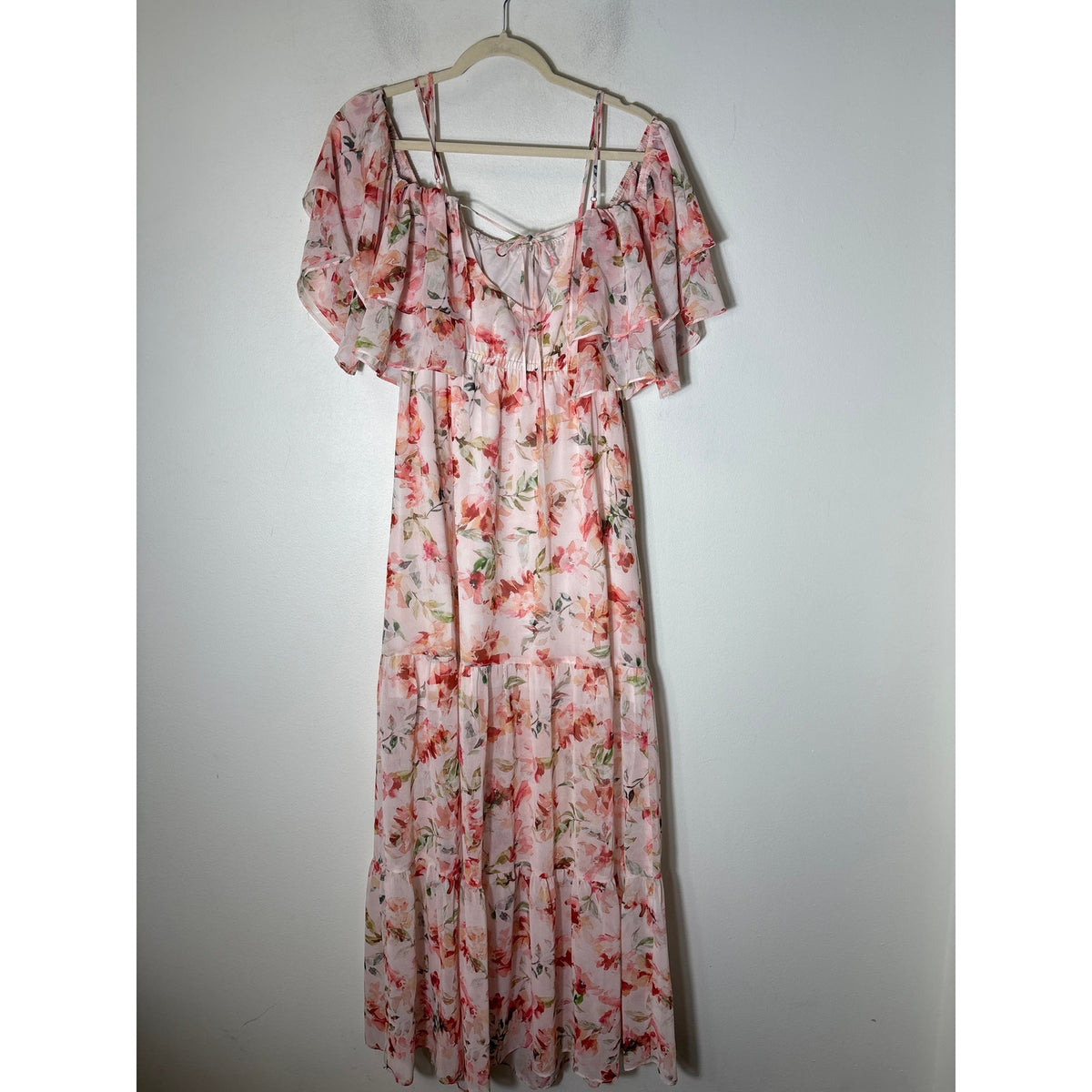 BB Dakota Peachy Pink Floral Off the Shoulder Ruffle MAxi Dress Sz XS