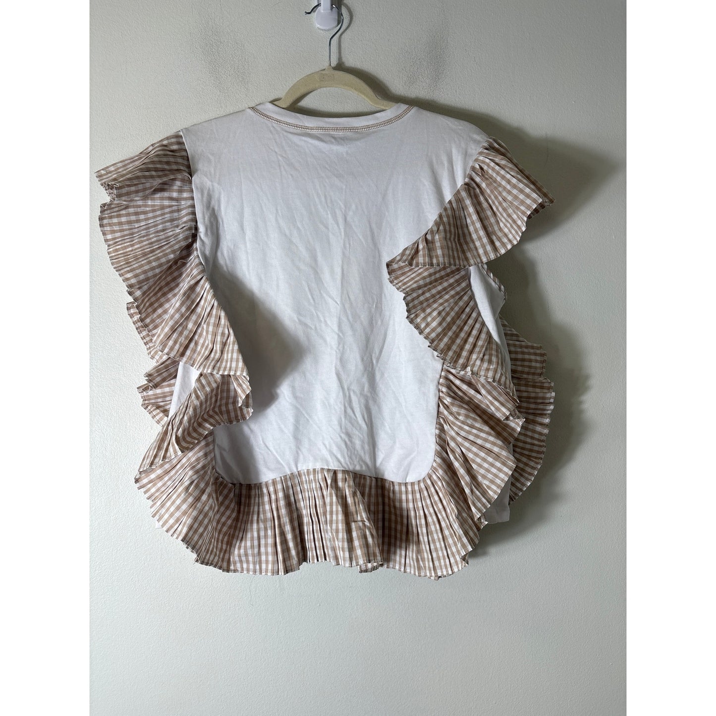 NWT English Factory White With Khaki Gingham Ruffles Top Sz L