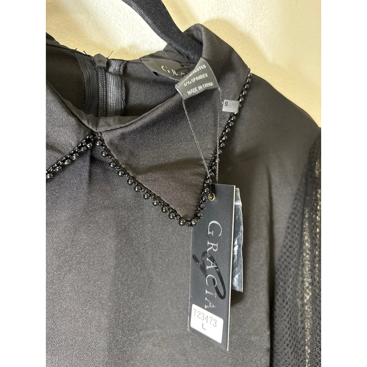 NWT Gracia Black Mesh Sleeve Mixed Media Shirt Sz L