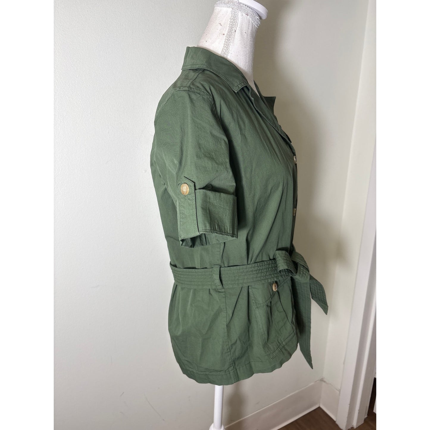 NWT Ann Mashburn Green Tess Short Sleeved Safari Shirt Sz M