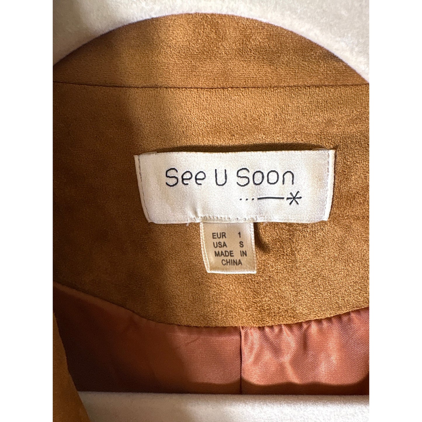 See U Soon Camel Colored Long Sleeve Faux Suede Jacket Sz S