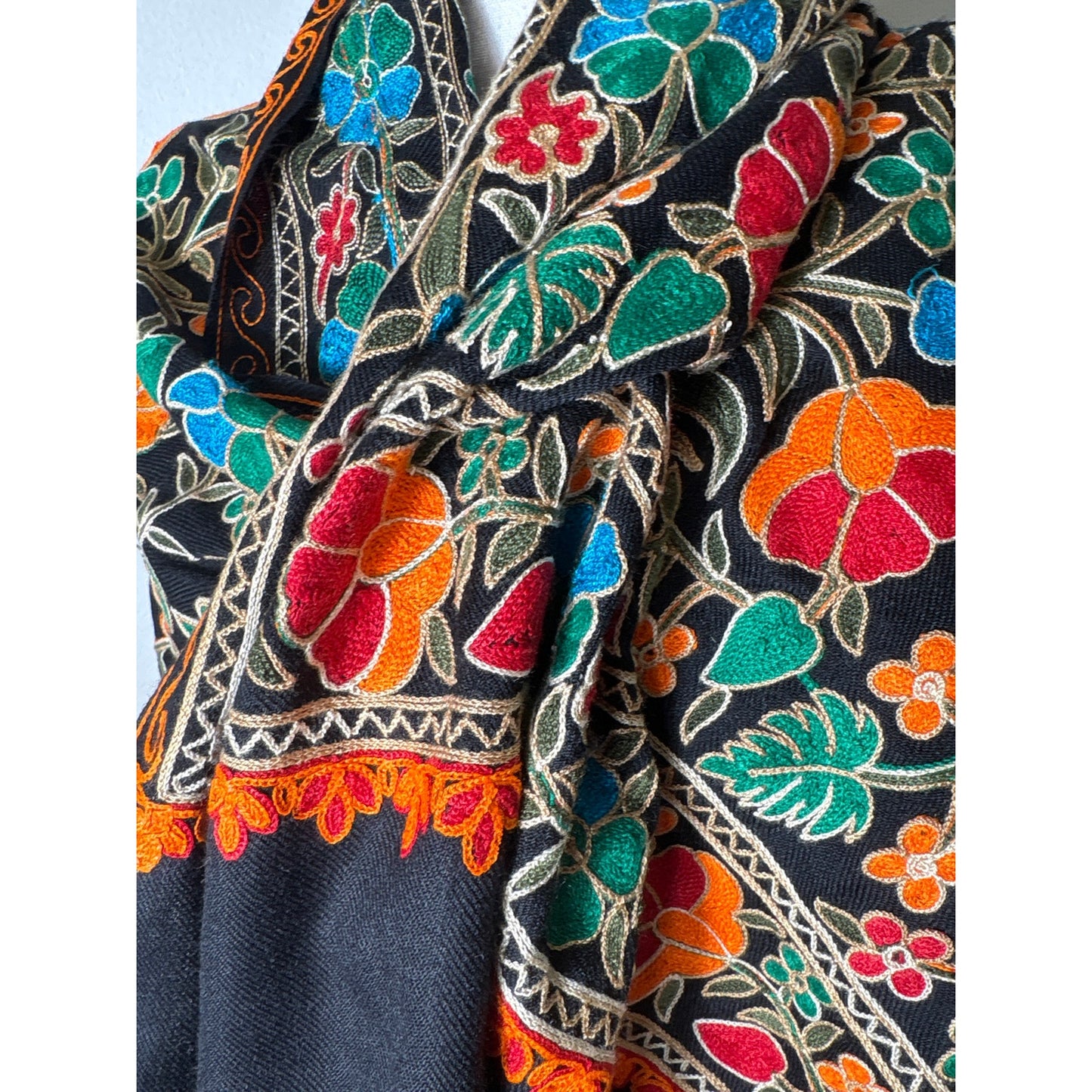 Black Multicolored Floral Embroidered Scarf