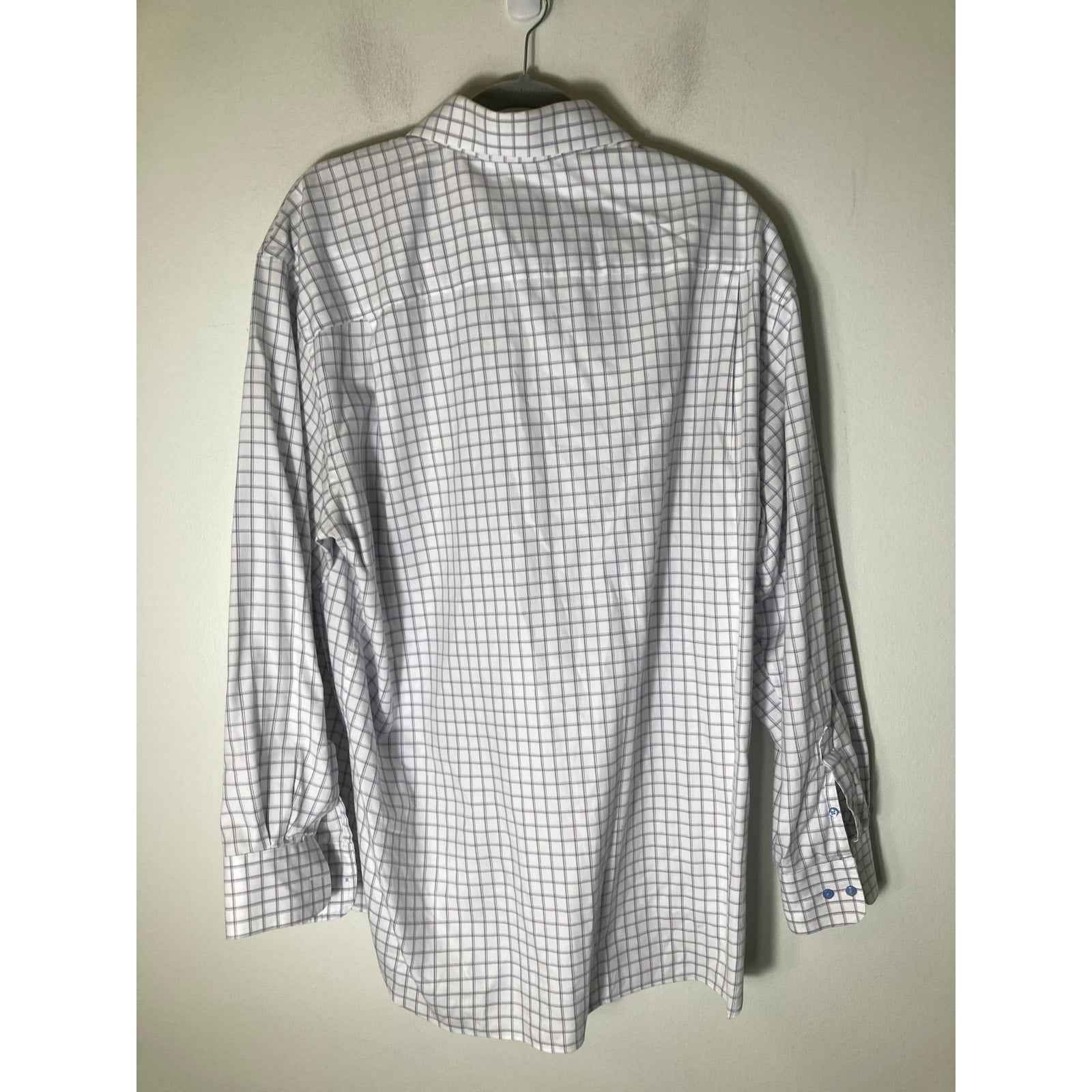 Men's David Donahue White Plaid Cotton Long Sleeve Dress Shirt Sz 17.5 34/35