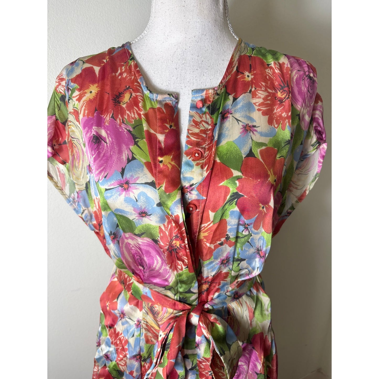 Frances Valentine Silky Pink and Green Floral Cap Sleeve Midi Belted Dress Sz S