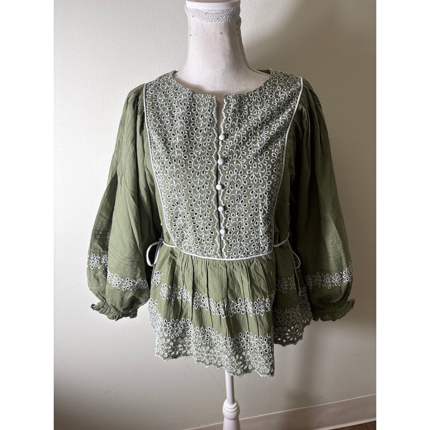 NWT Baybala Sage Green and White Eyelet Peasant Top Sz L