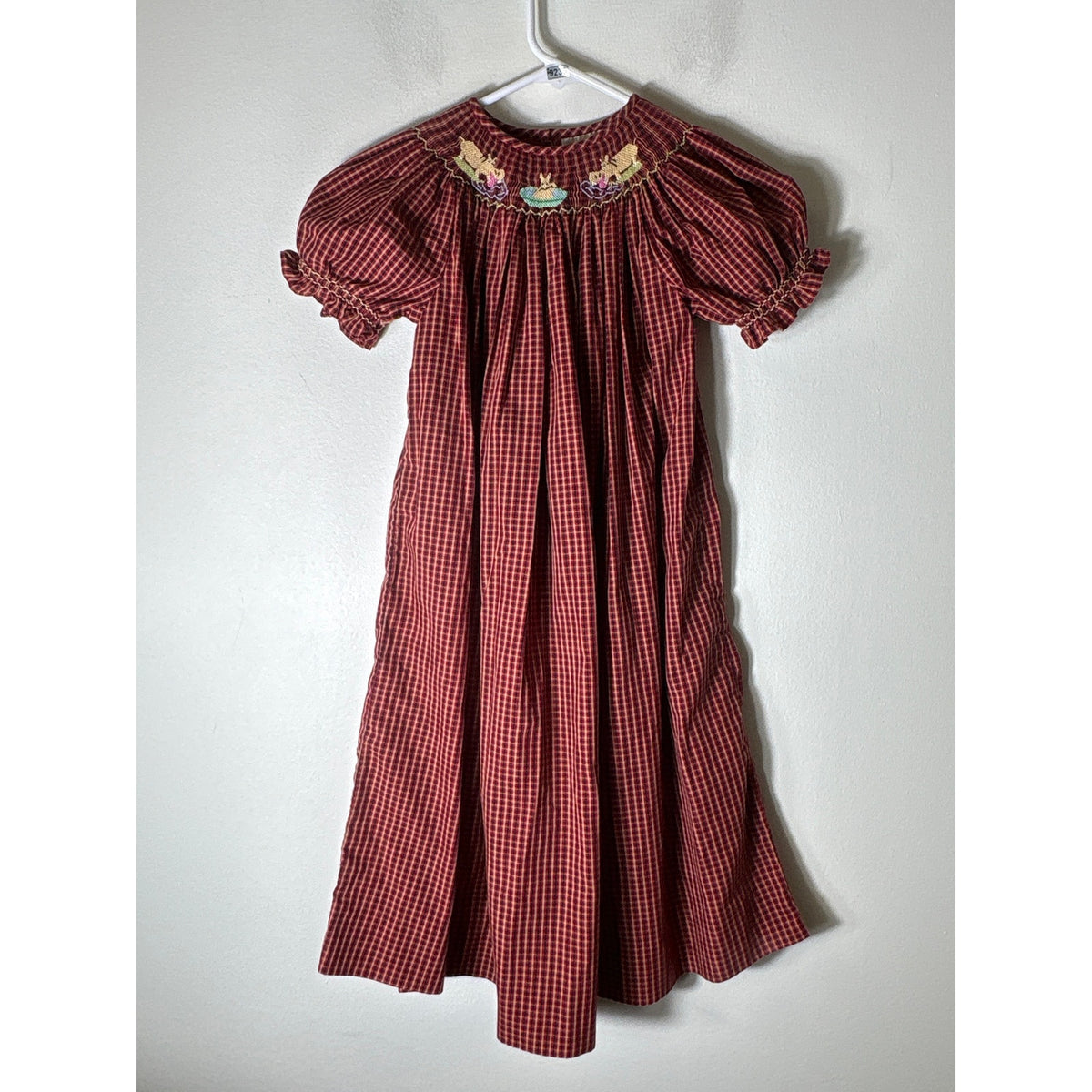 Girls Vintage Alennys Red,Black&Tan Plaid Smocked Hippo Dress Sz 6x