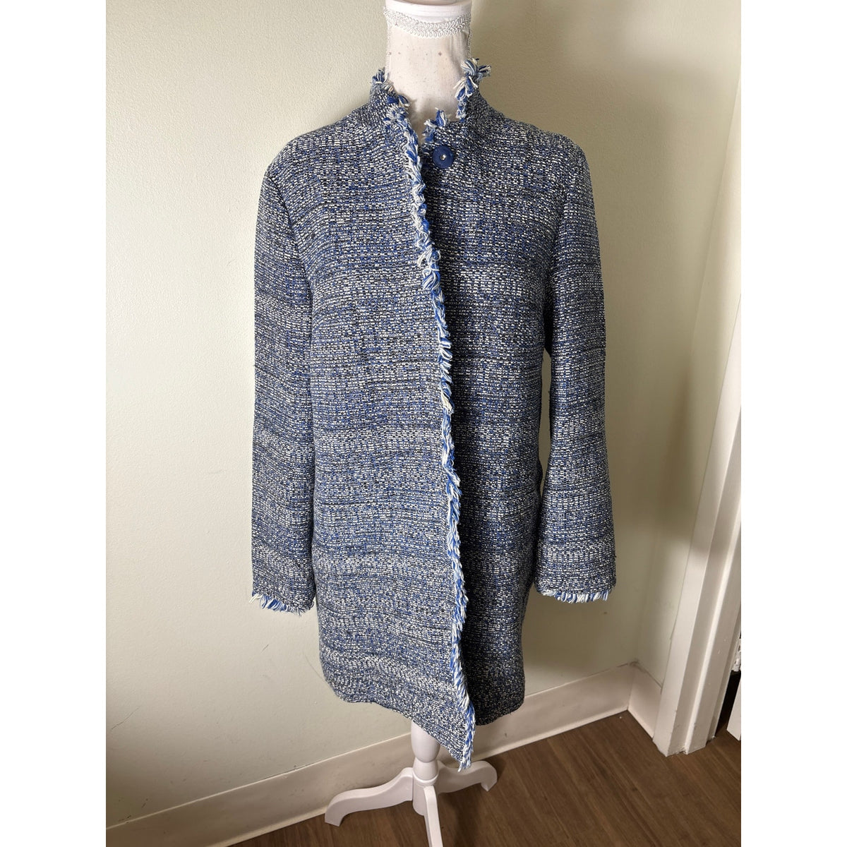 J.McLaughlin Blue and White Tween Fringed Coat Sz M