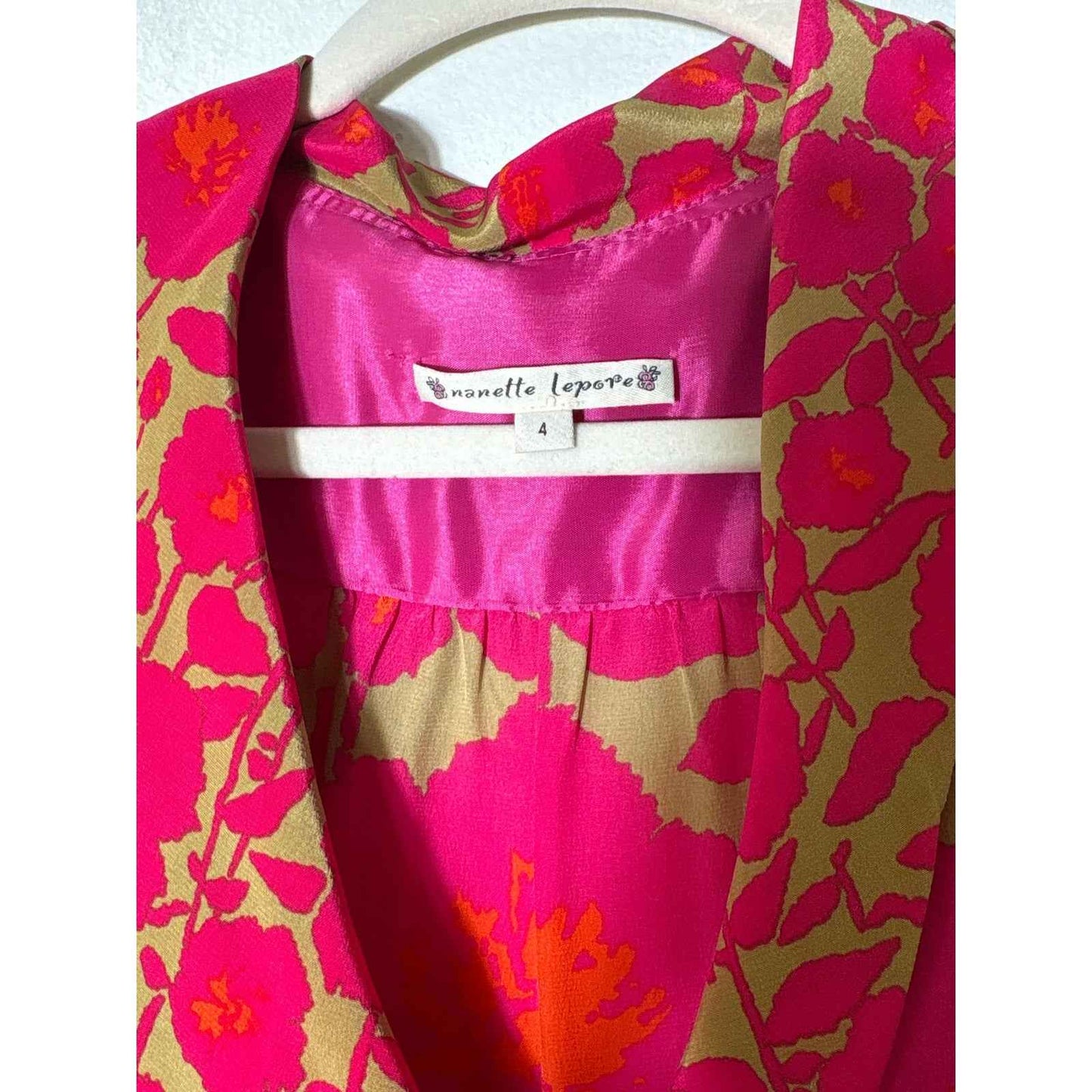 Nanette Lepore Hot Pink Floral Cap Sleeve Silk Wrap Top Sz 4