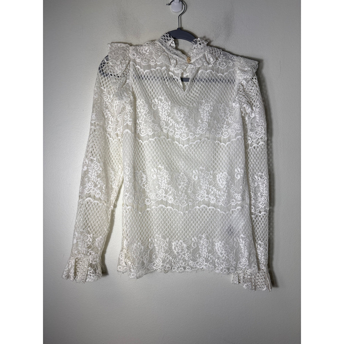 BCBG Crisp White Long Sleeve High Collar Lace Shirt Sz S