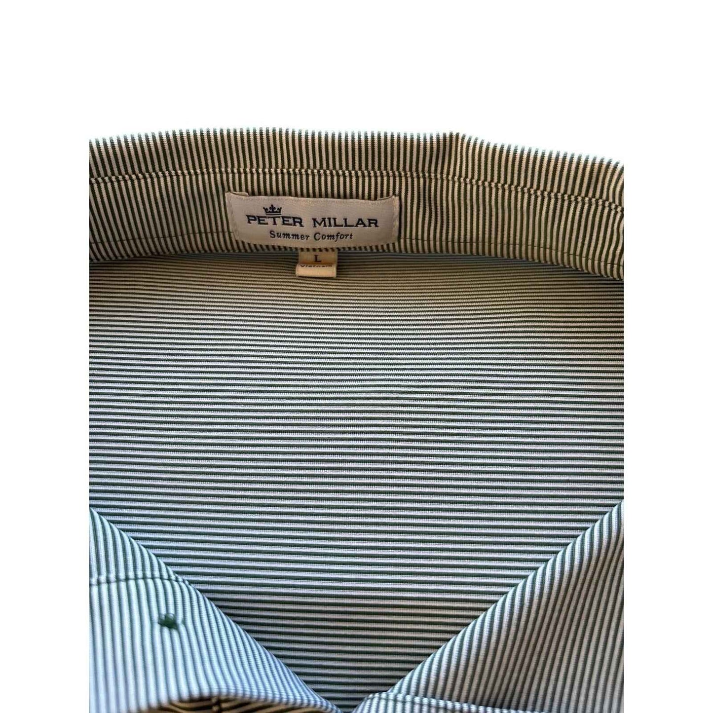 Men's Peter Millar Green and White Pinstripe Spartan Shirt Sz L
