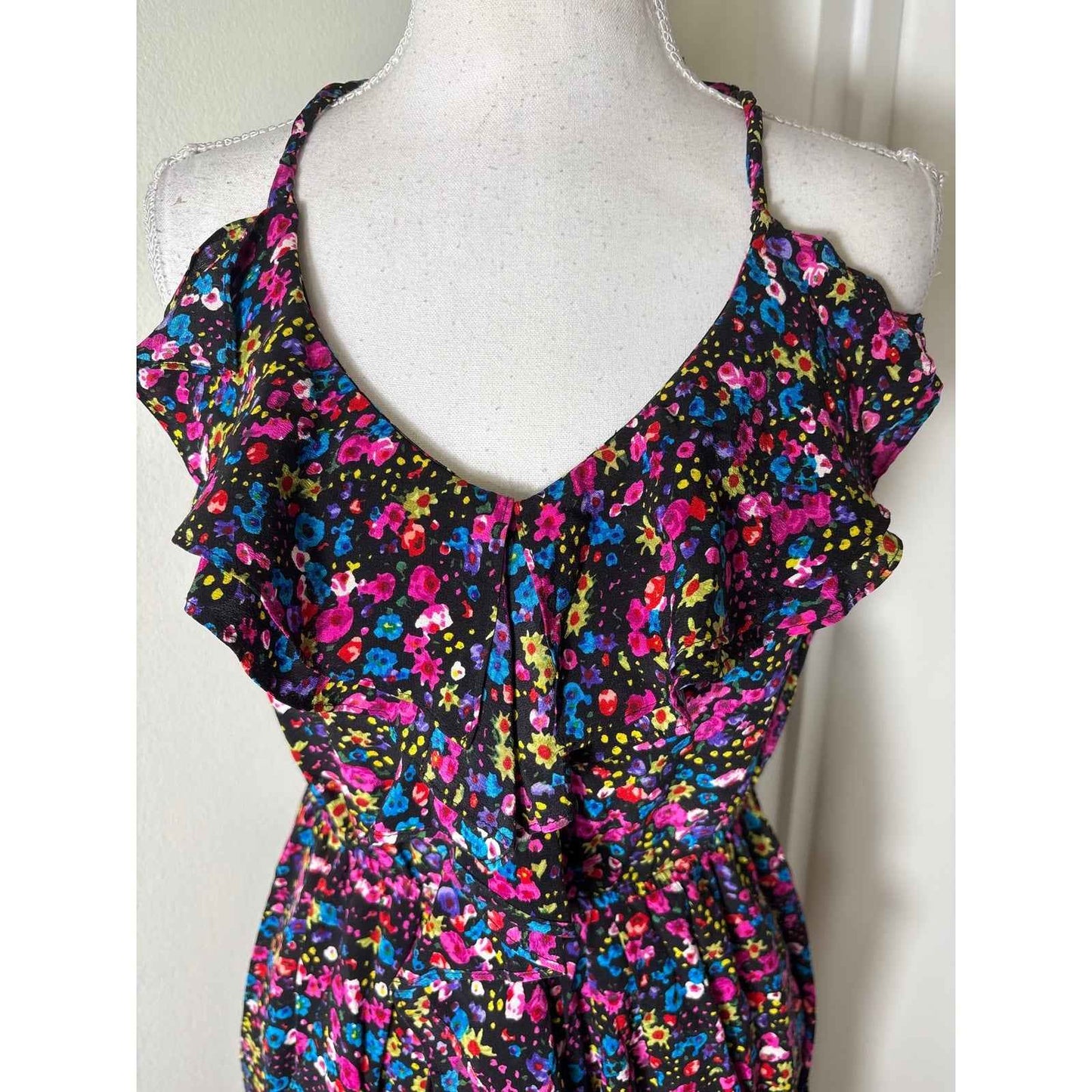 Rebecca Taylor Black Floral Sleeveless Silk Knee Length Dress Sz 2