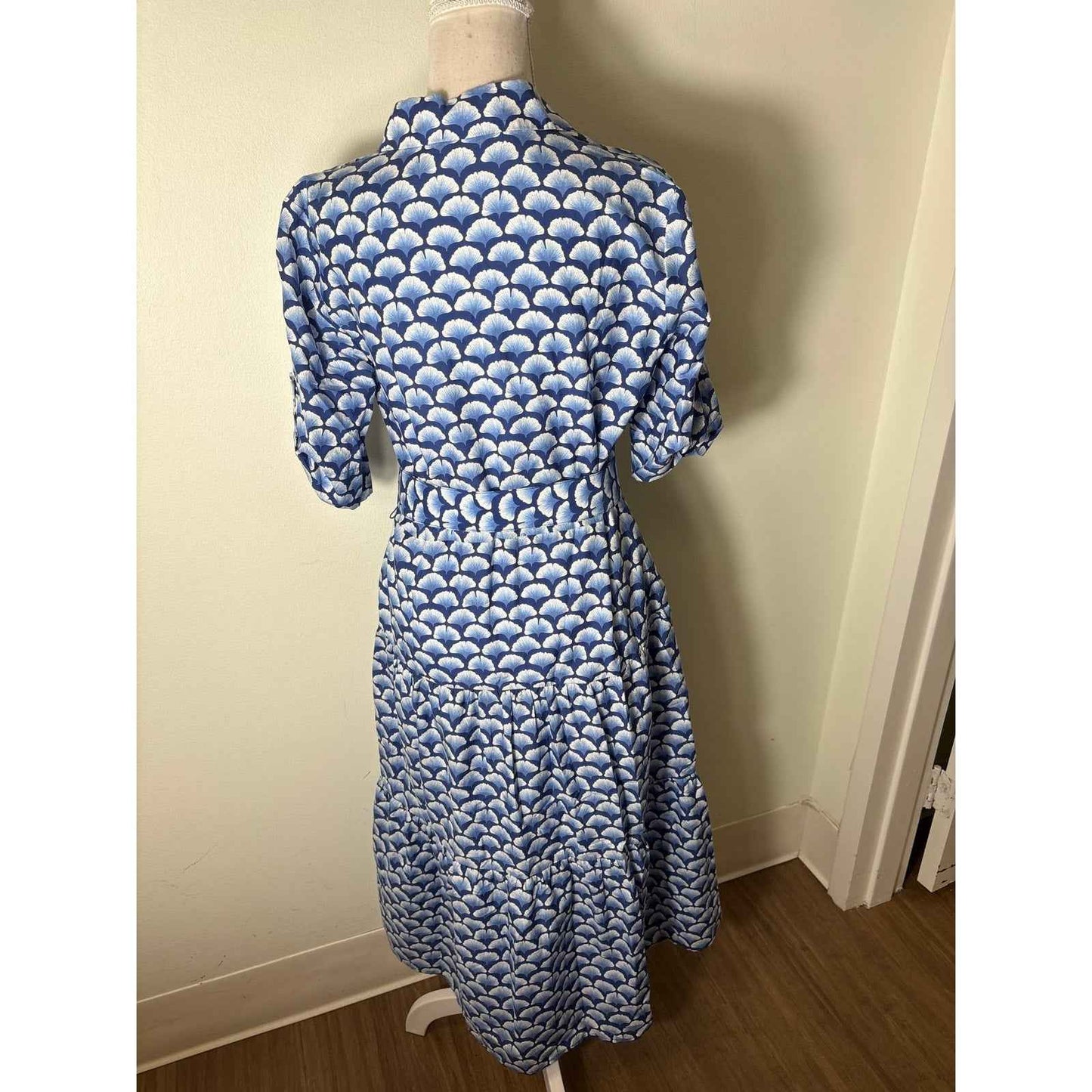 J. McLaughlin Blue White Leaf Print Half Sleeve Maxi Dress Sz S