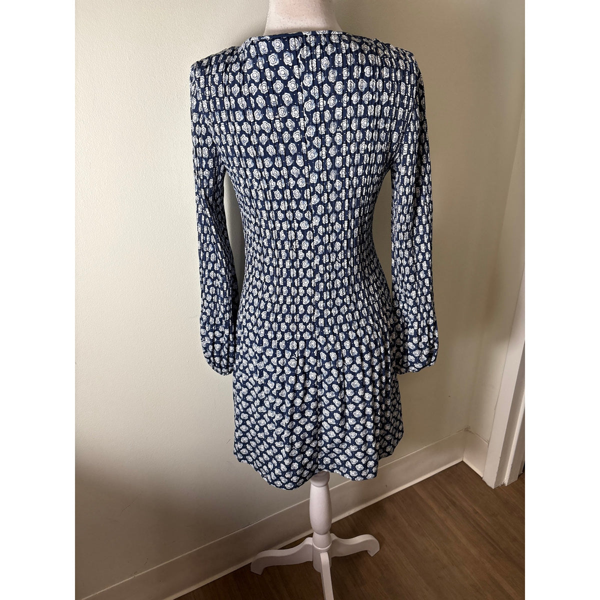 Maje Navy White Long Sleeve Pleated Mini Dress Sz 36