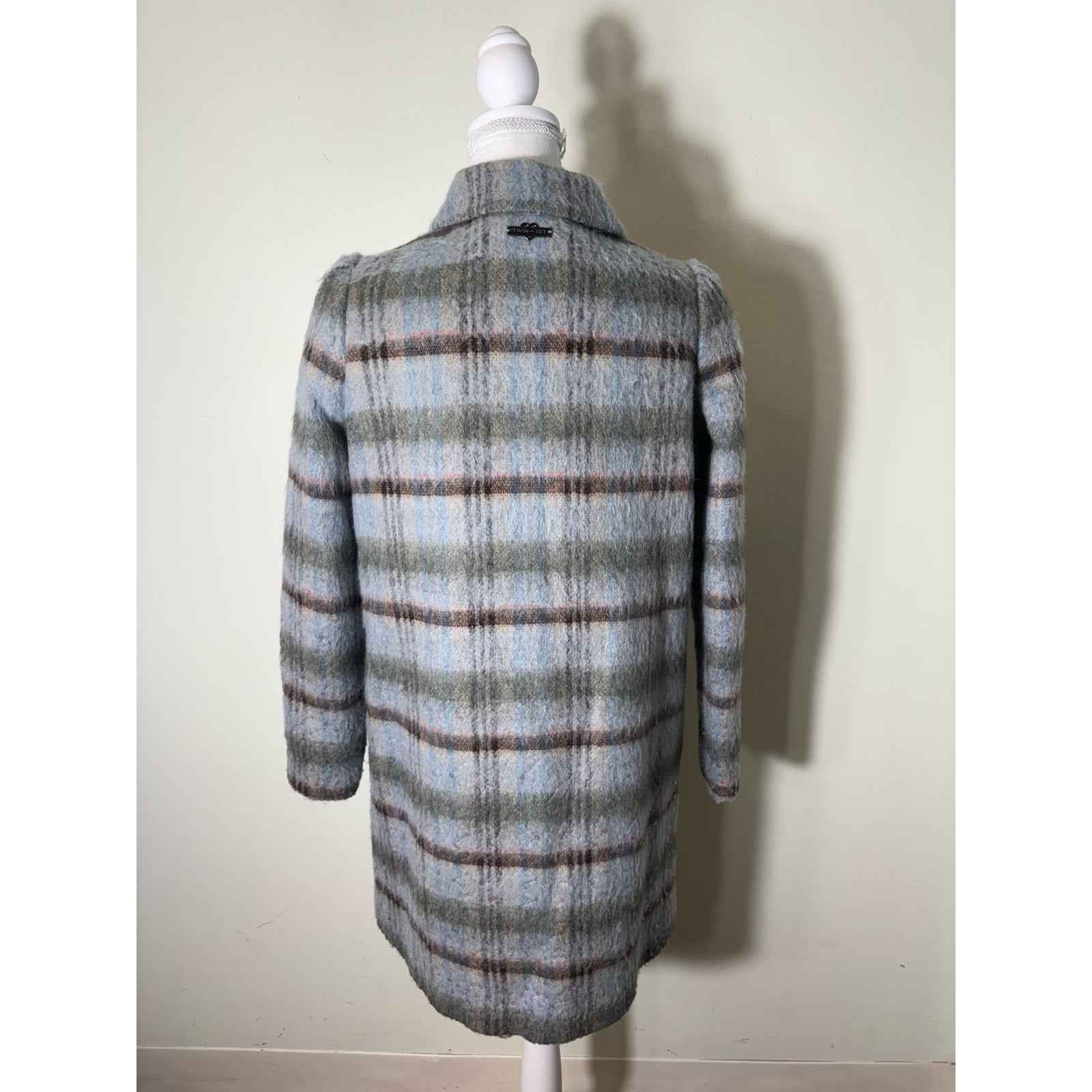 Twin Set Simona Barbieri Blue Plaid Long Sleeve Coat Sz XS