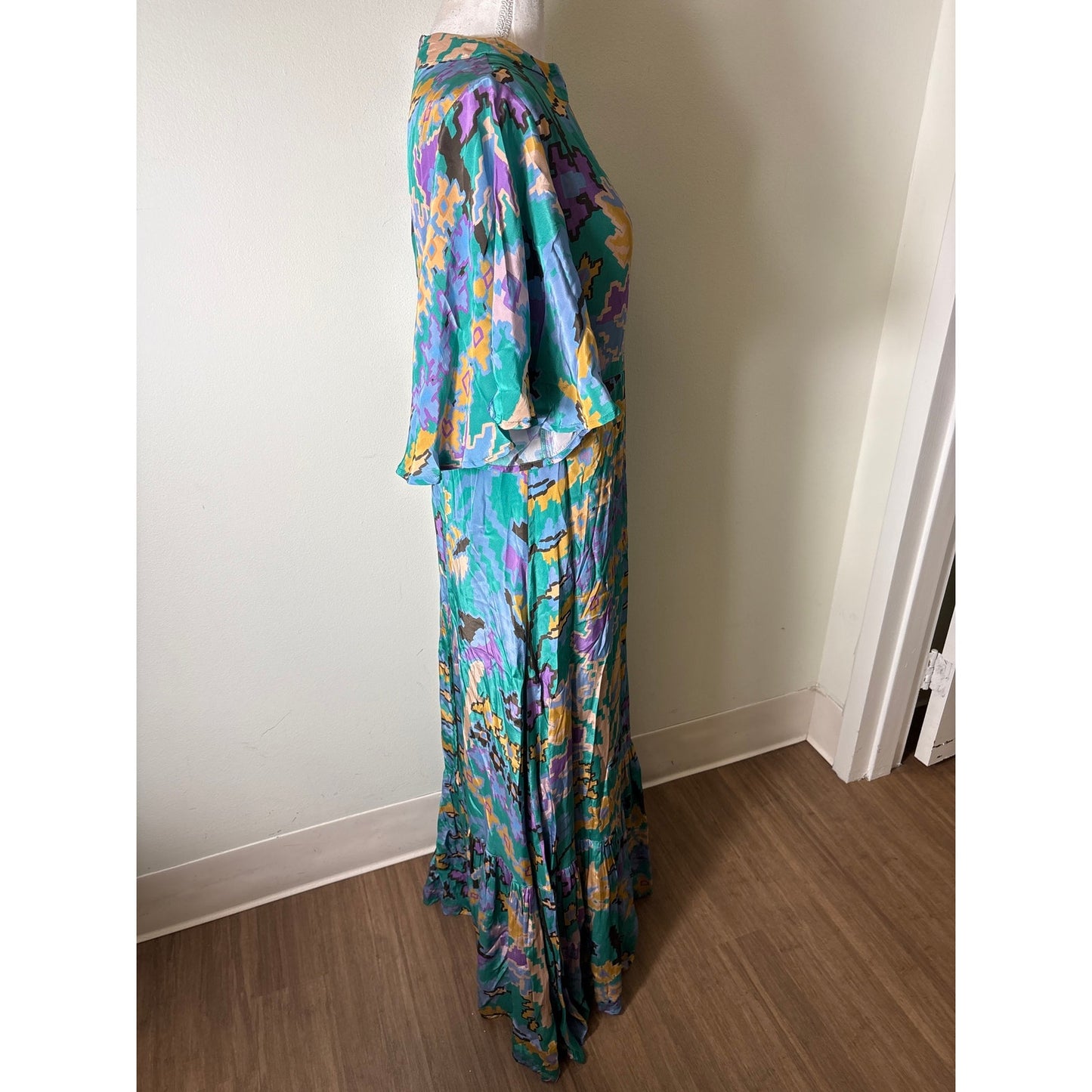 Oliphant Green Half Flutter Sleeve Maxi Dress Sz S