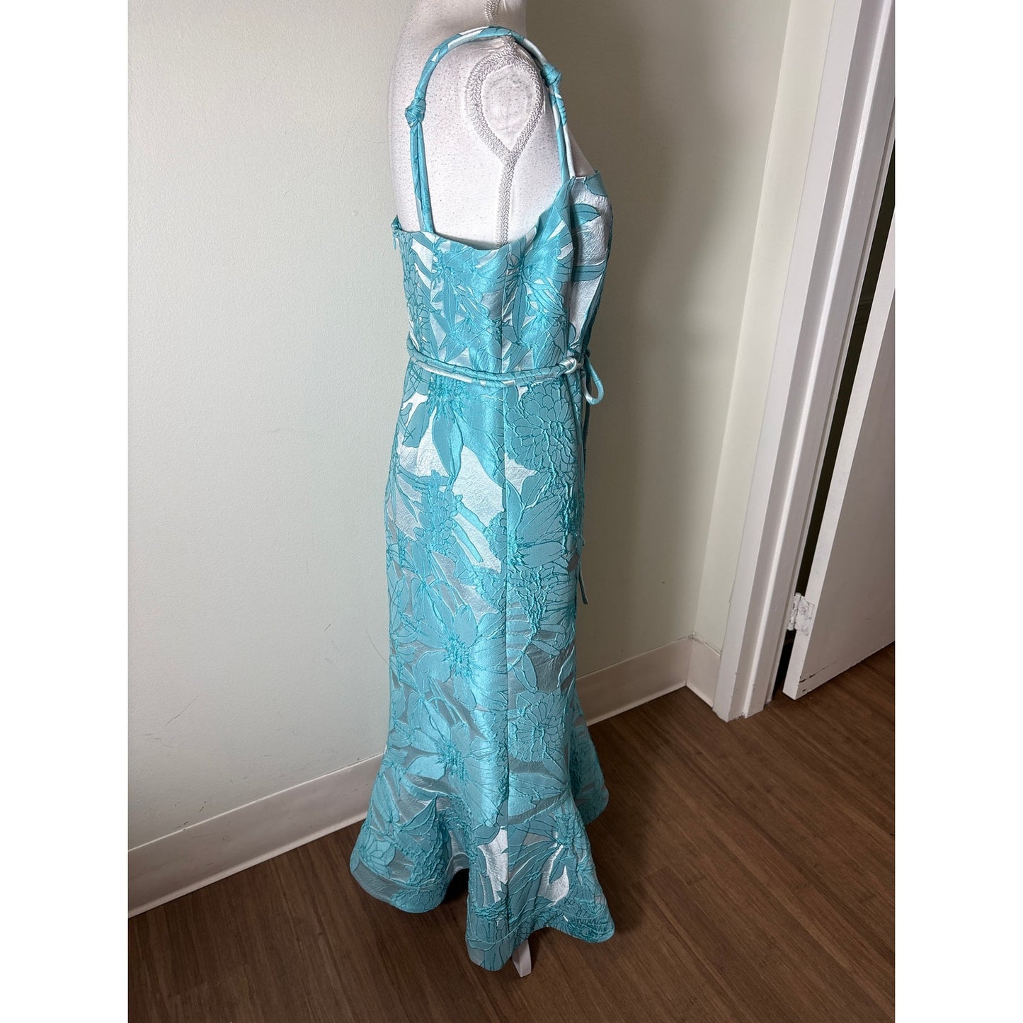 Alexis Teal Floral Knotted Strap Gown Sz M