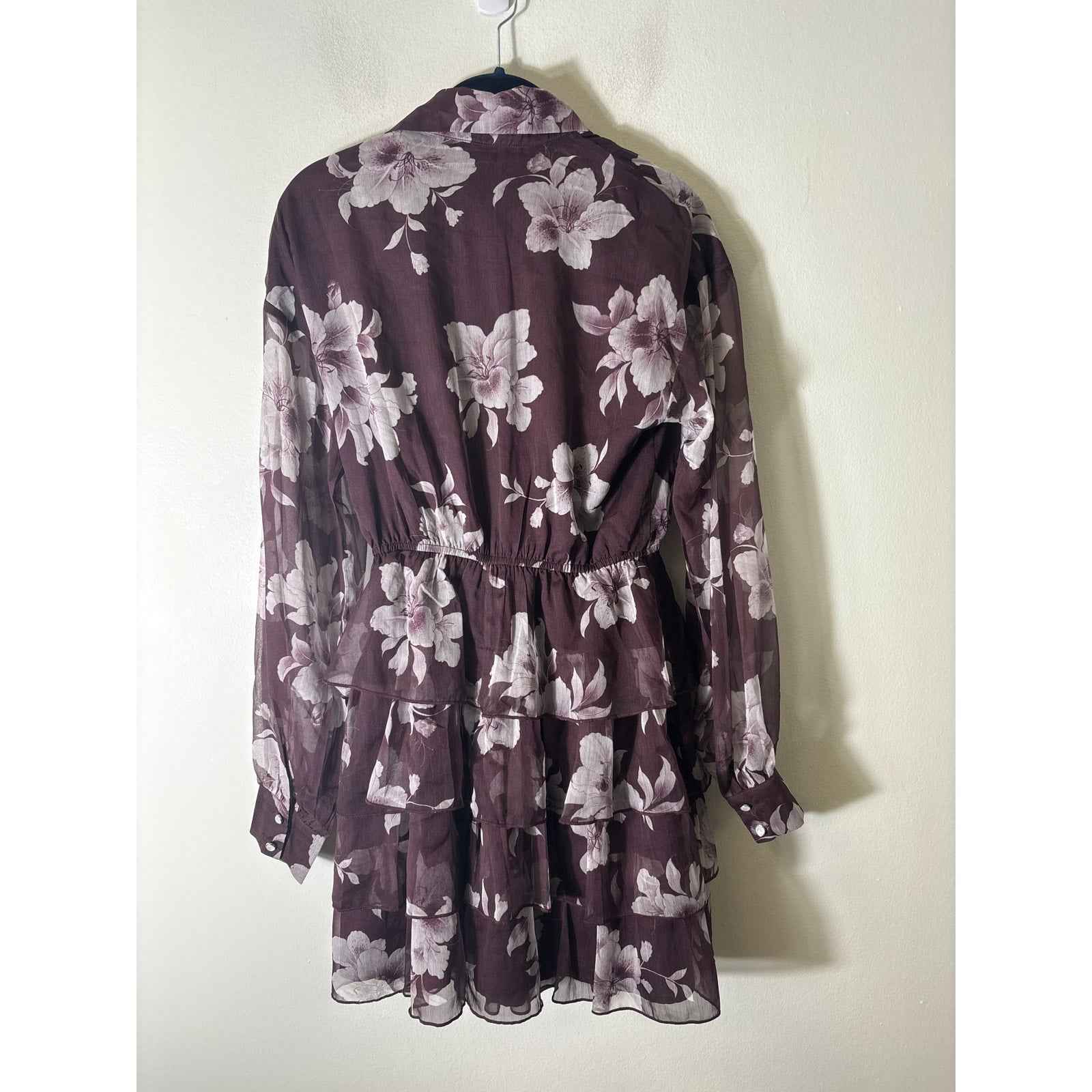 En Saison Deep Purple Long Sleeve Floral Ruffle Knee Length Dress Sz S