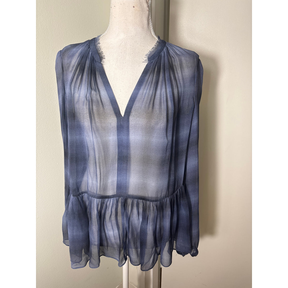 Rebecca Taylor Dusty Navy Long Sleeve Sheer Peplum Top Sz 6