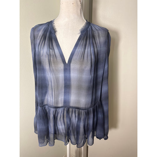 Rebecca Taylor Dusty Navy Long Sleeve Sheer Peplum Top Sz 6