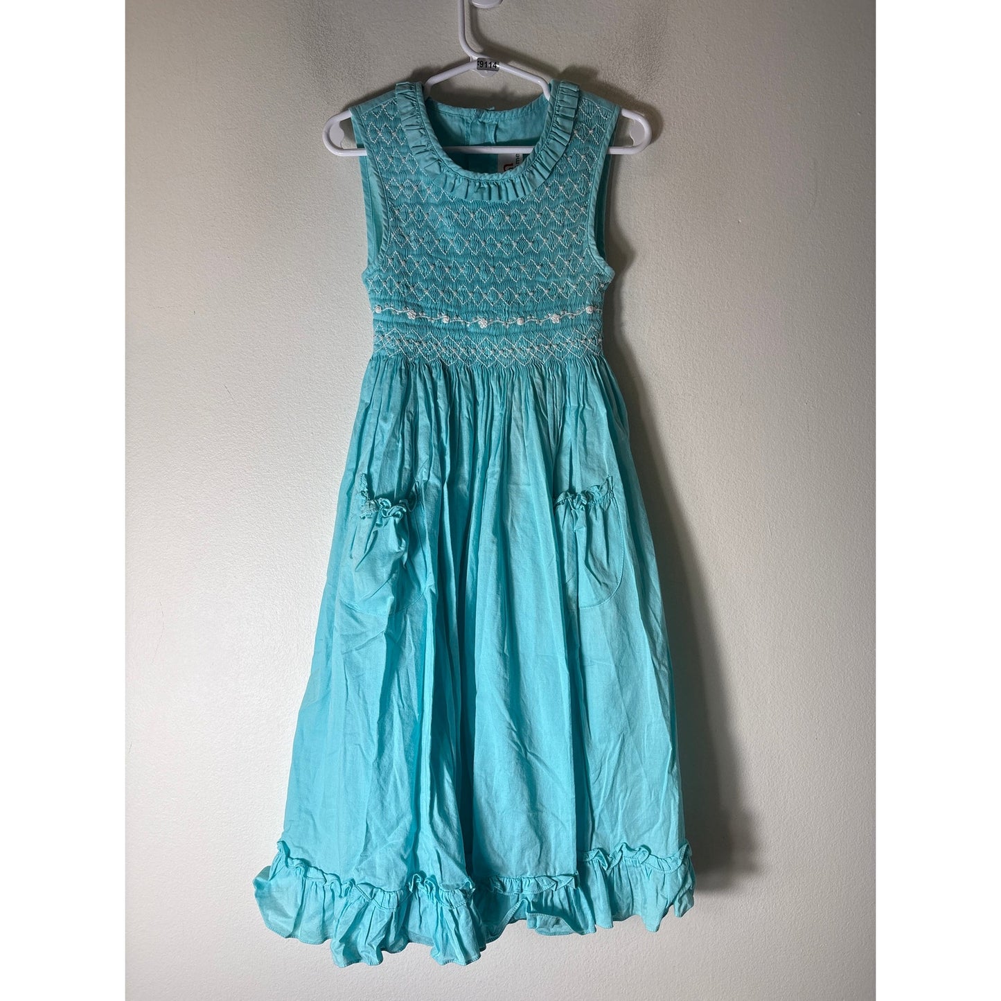 Girls Vintage Mom&me Aqua Smocked Sleeveles Dress with pockets Sz 6x